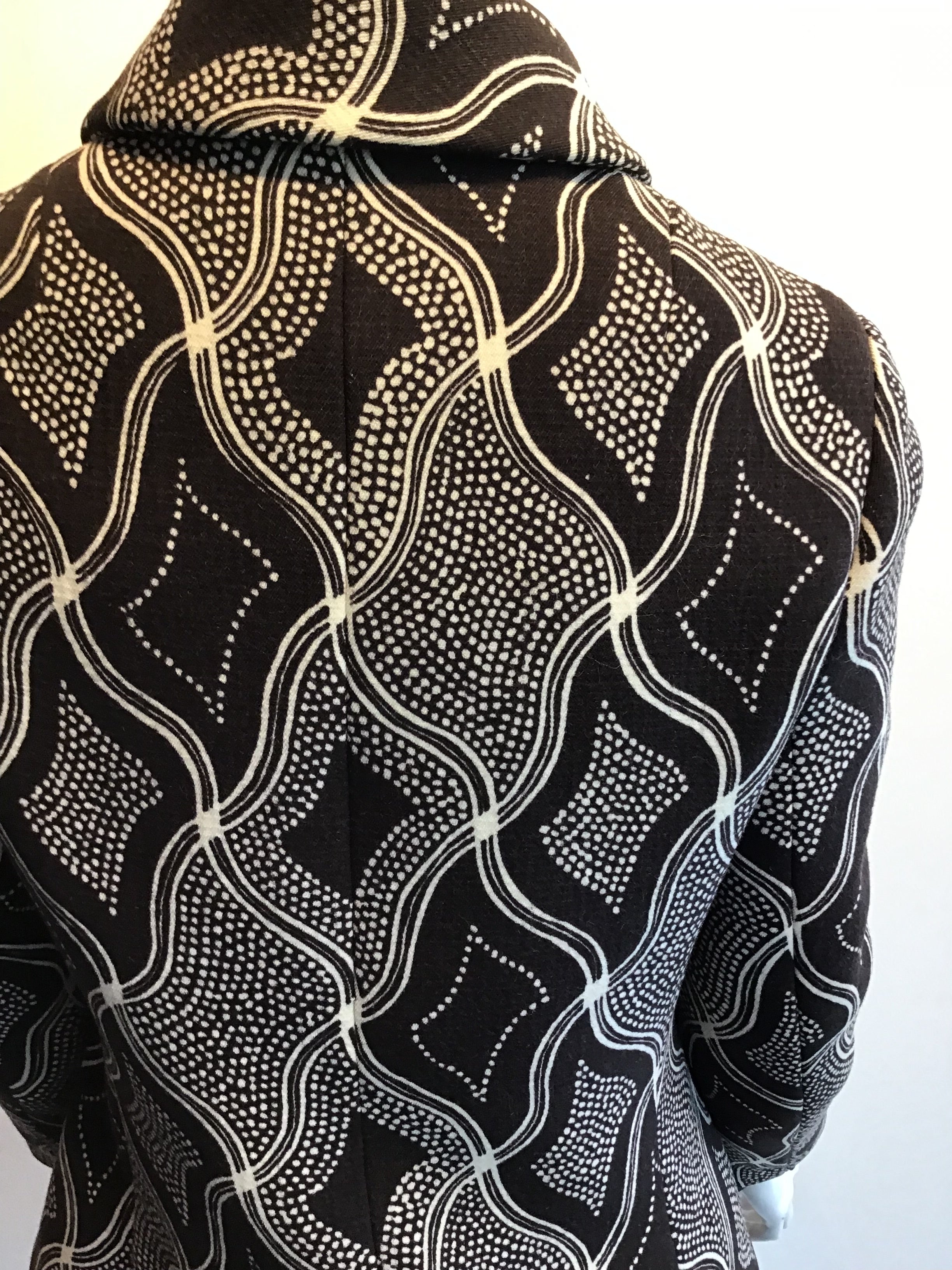 1960s Wool/Wool Crepe Brown Printed Dress with Jacket and Scarf Size 8