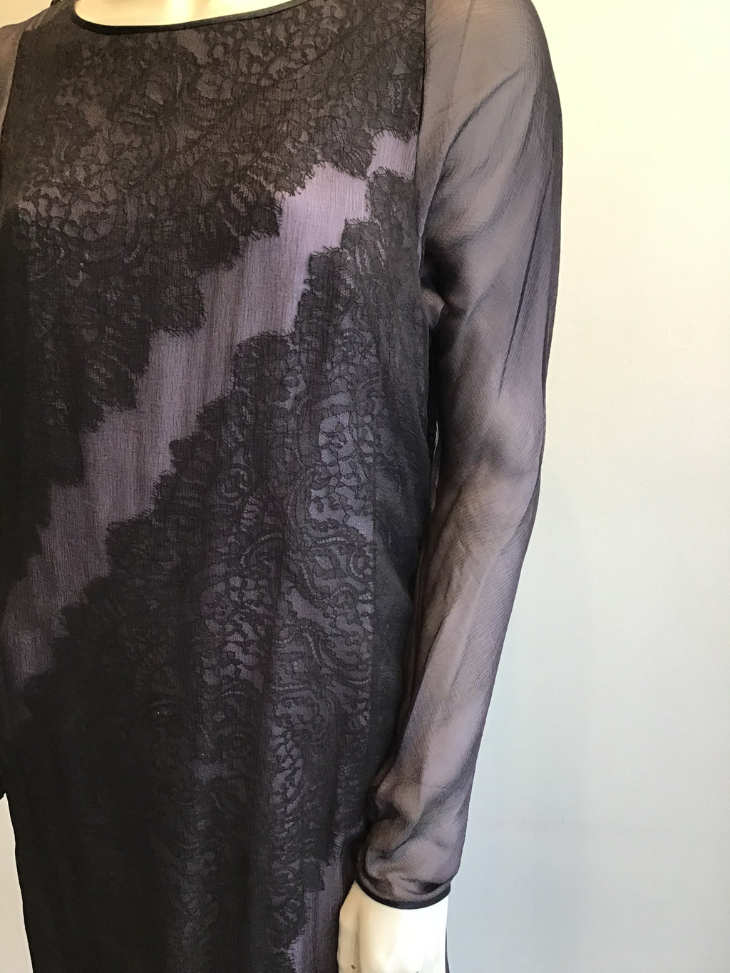 1990's  Bob Mackie Black and Lavender Silk Chiffon Dress with lace Size 10