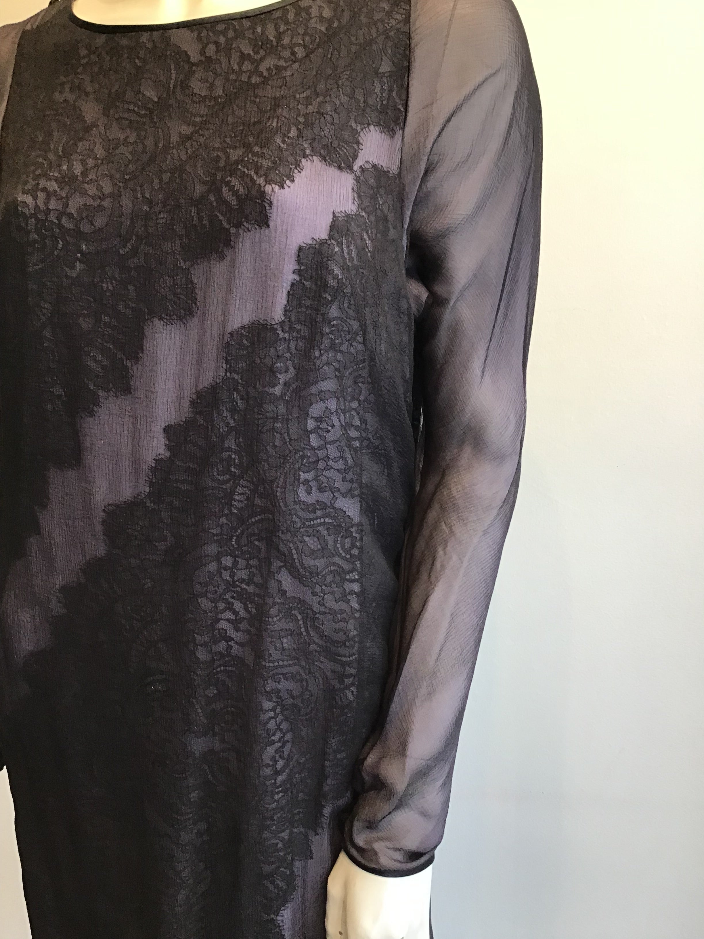 1990's  Bob Mackie Black and Lavender Silk Chiffon Dress with lace Size 10