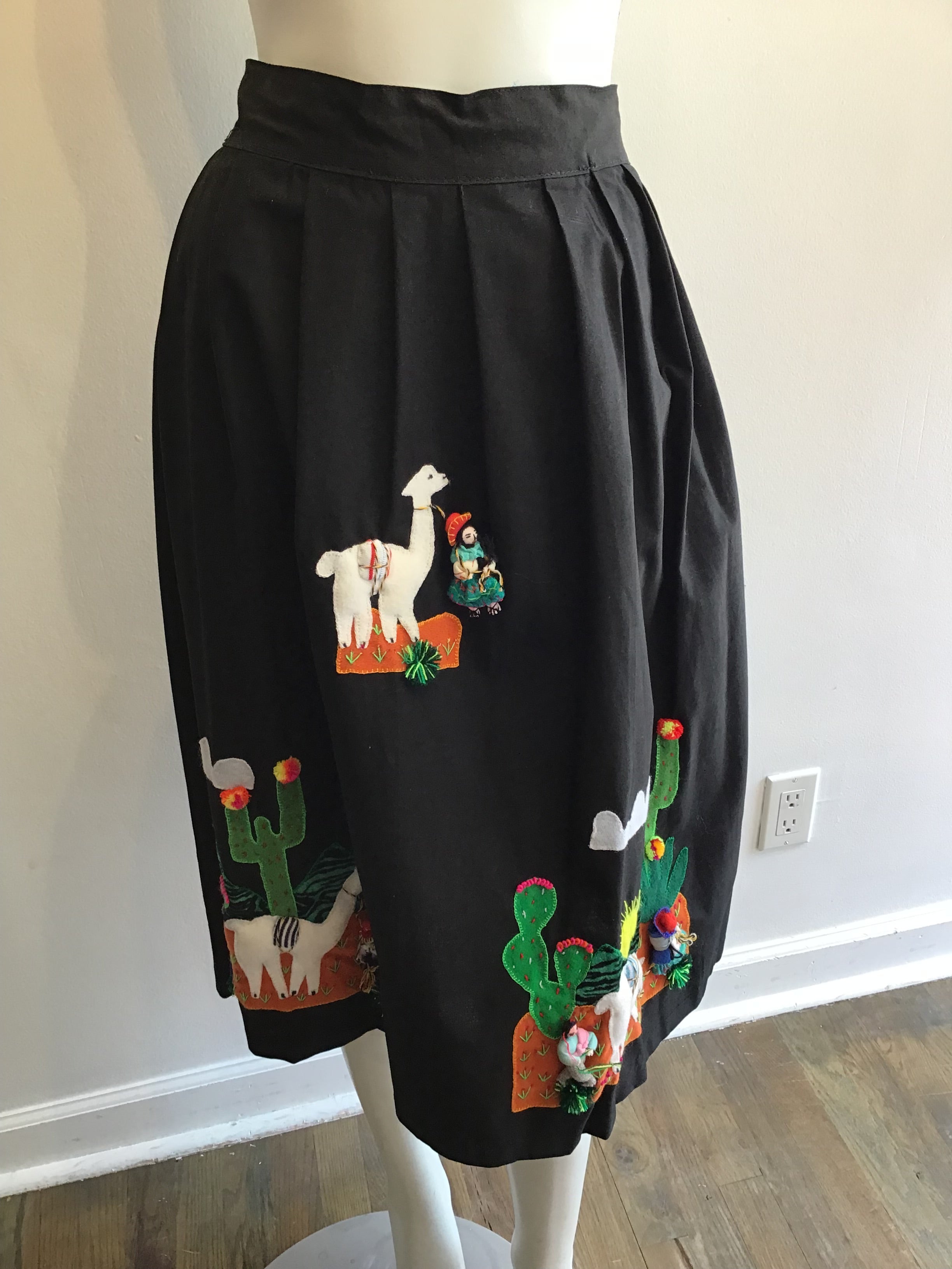 1950’s Cotton Black Skirt with South American Vignette Appliquéd Size up to 8