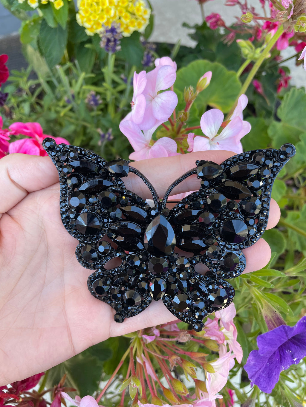Black Rhinestone Butterfly Pin / Brooch