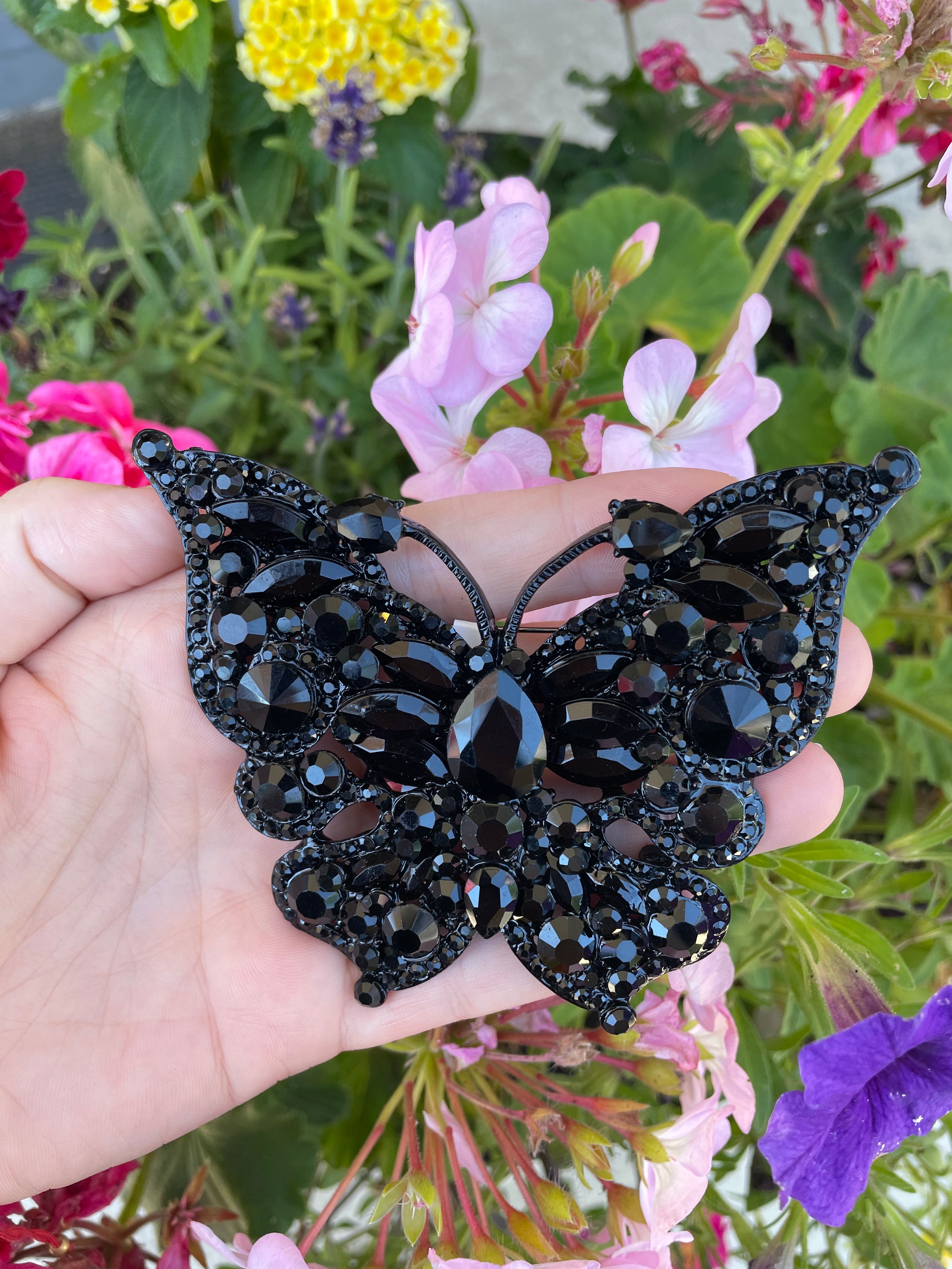 Black Rhinestone Butterfly Pin / Brooch