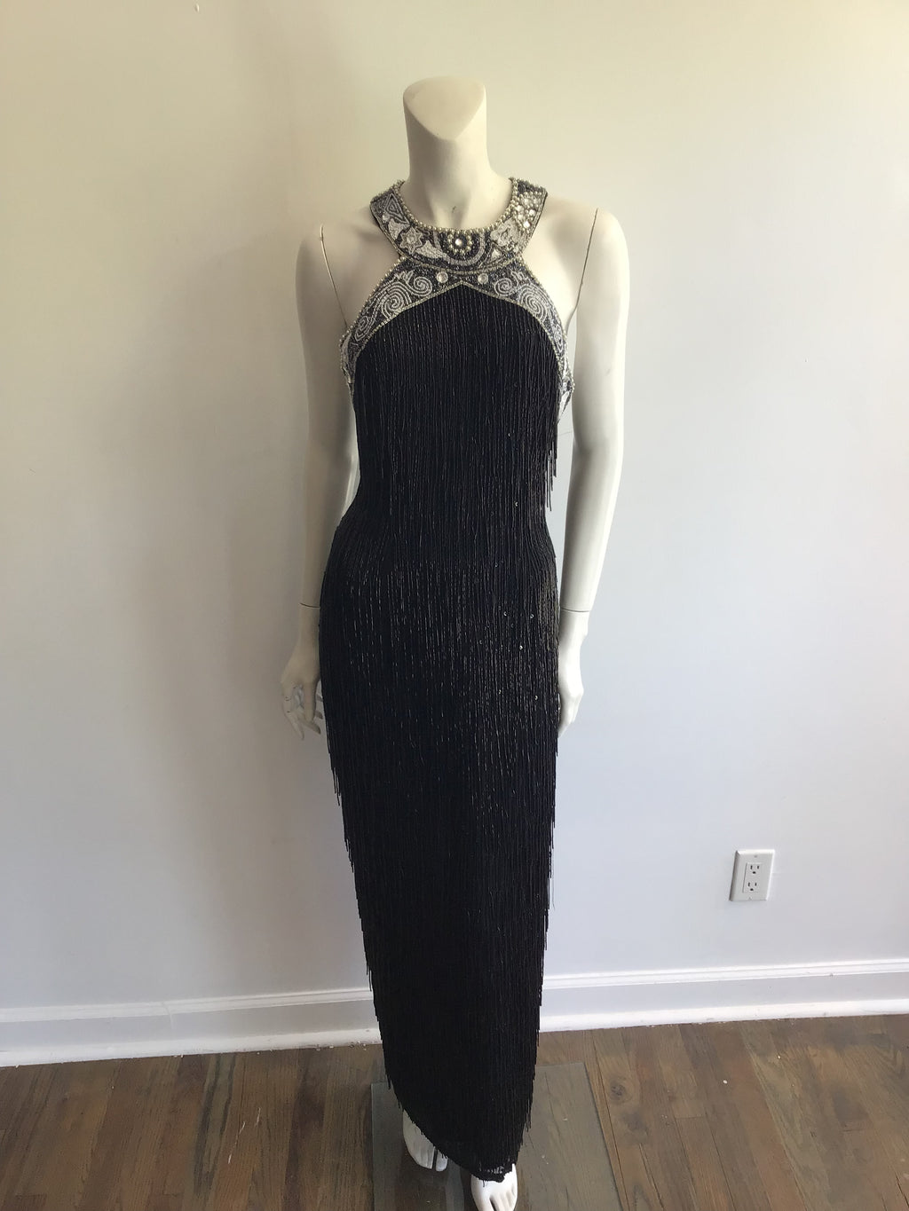 1980's Black Beaded Fringe Evening Dress Size 8