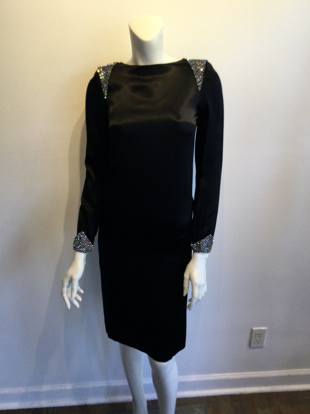 1980s Albert Nippon Black Silk Satin Cocktail Dress Size 6