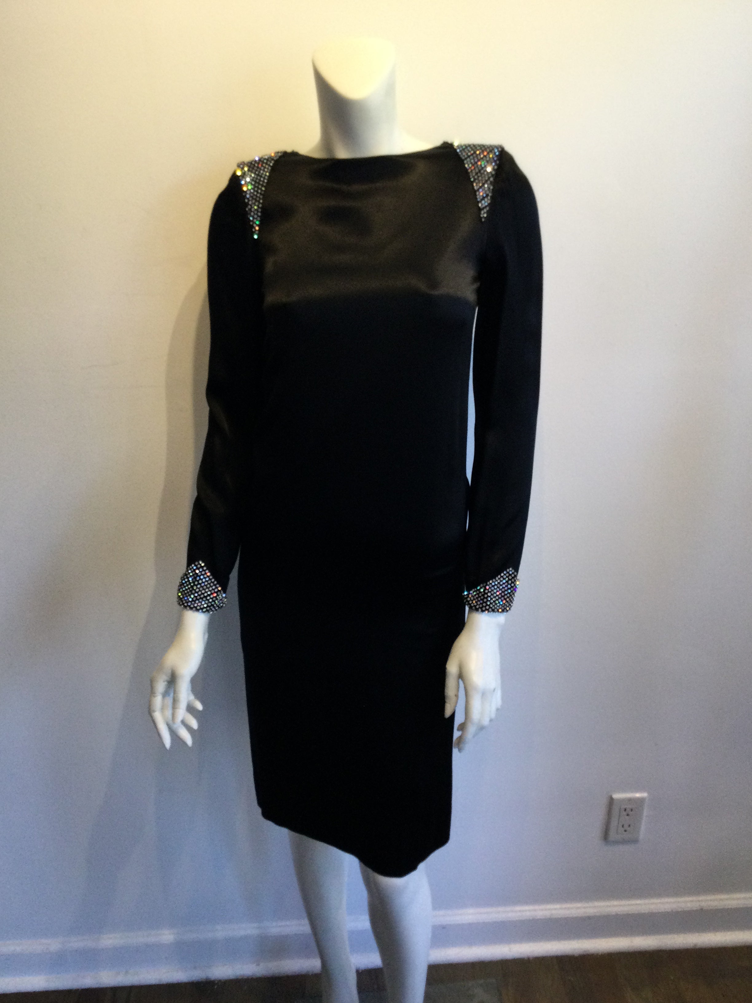 1980s Albert Nippon Black Silk Satin Cocktail Dress Size 6