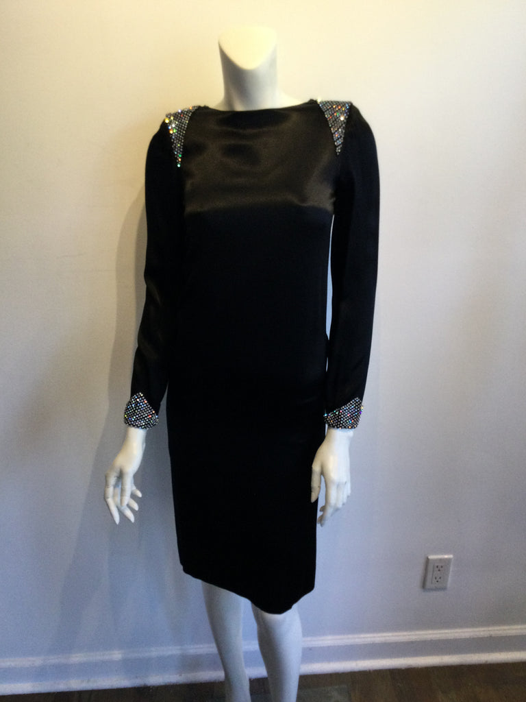 1980s Albert Nippon Black Silk Satin Cocktail Dress Size 6