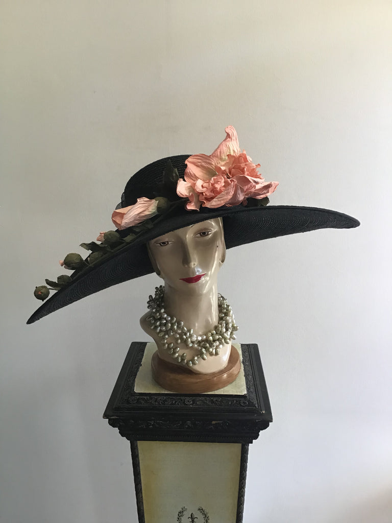 1990s Harold &Heart Hatter London England Black Straw with Crepe Flowers