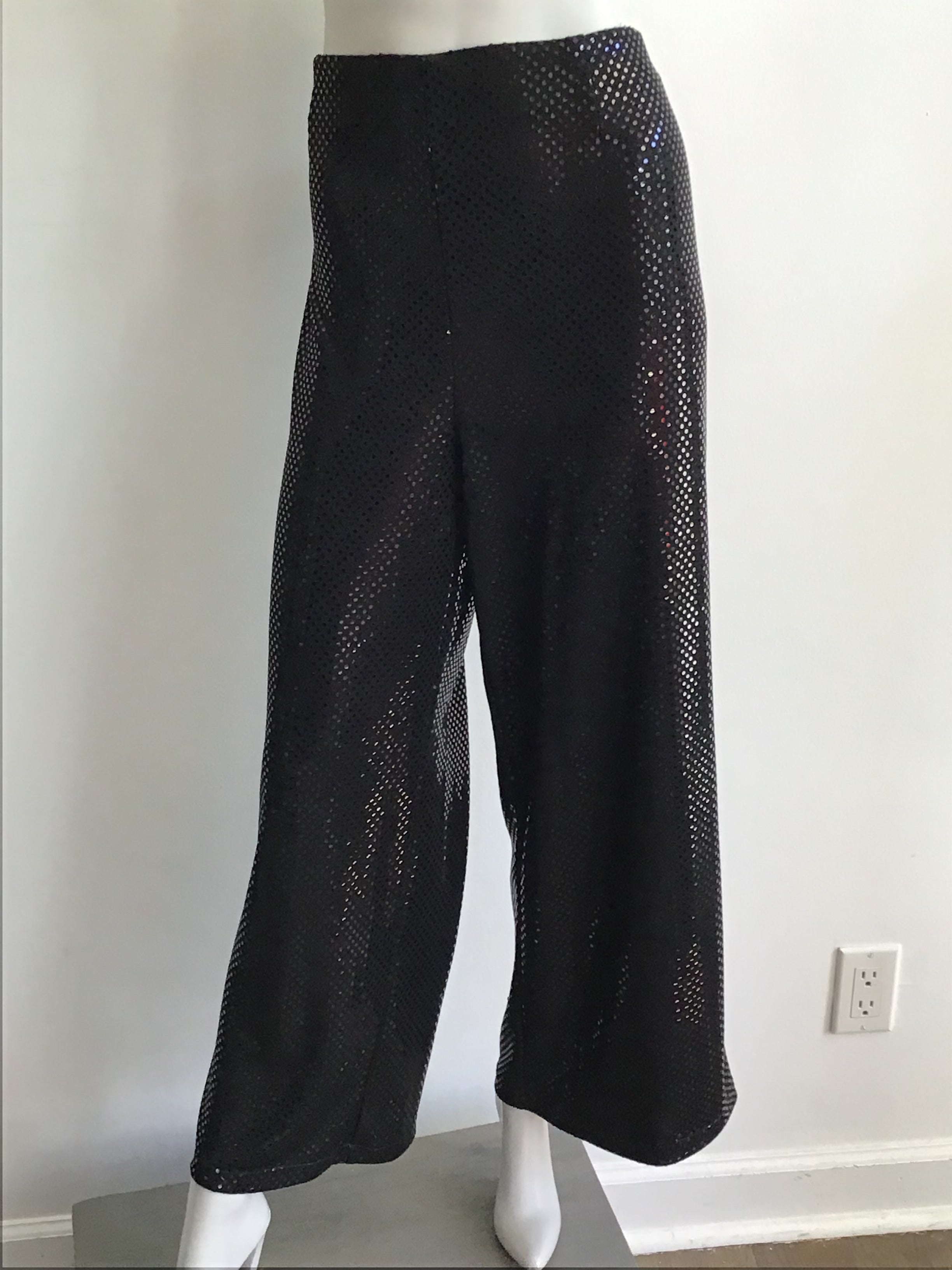 1990s Black Sequined Palazzo Pants by Deanna Cushing Palm Beach Size 14