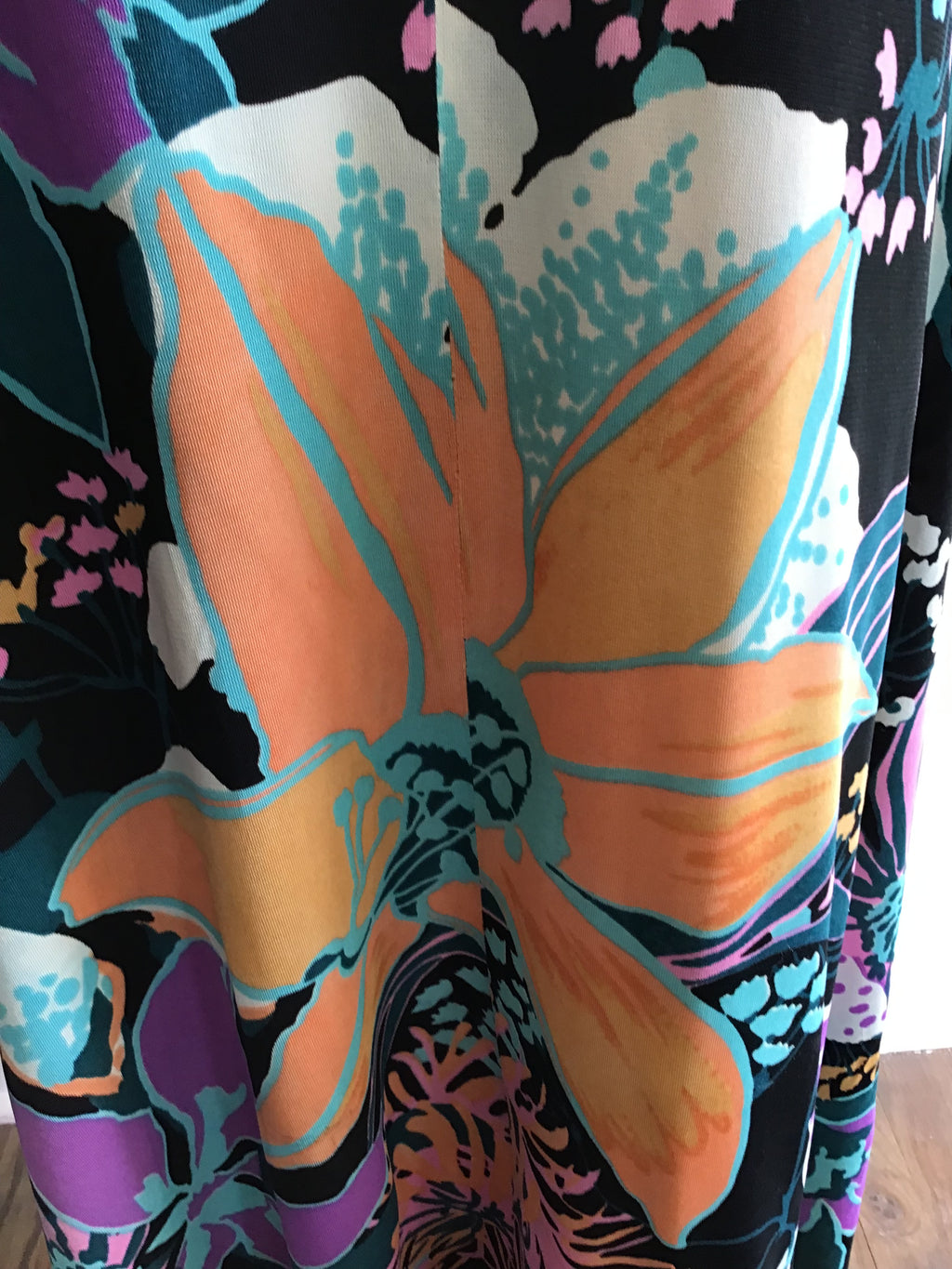 1970’s Black Floral Mock Turtleneck Polyester Maxi Dress Size 8/9
