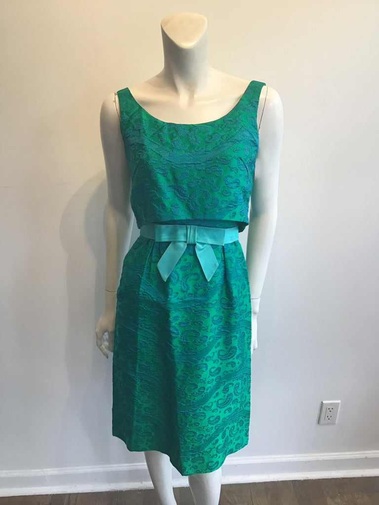 Late 1950s Green and Blue Silk Brocade Cocktail Dress Size 6