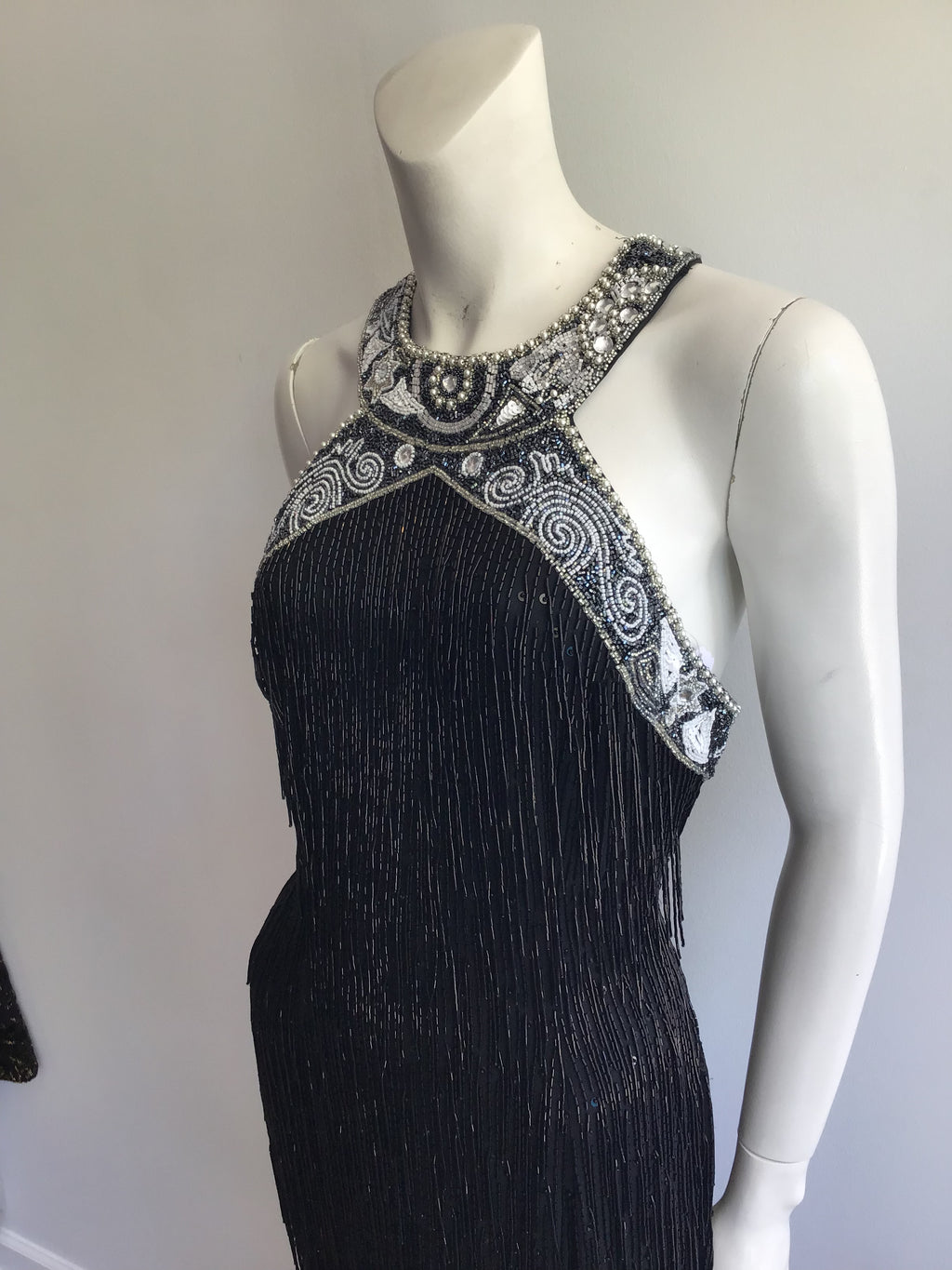 1980's Black Beaded Fringe Evening Dress Size 8