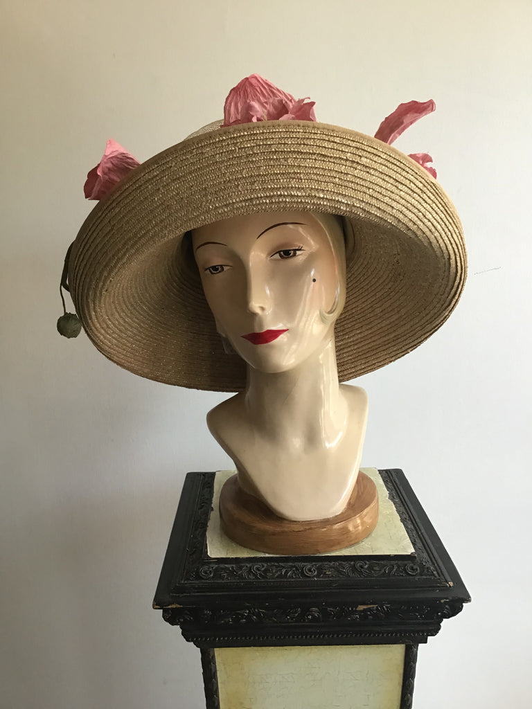 2000 Herald & Heart Hatters England Natural Straw hat with Pink Flowers Hat