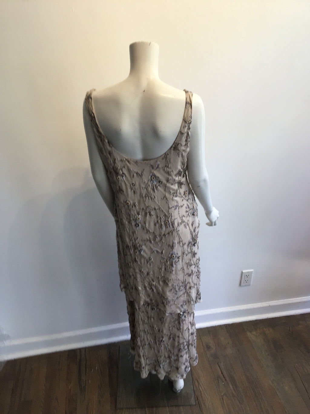 1990s Victoria Royal Taupe Silk Evening Gown Size 16