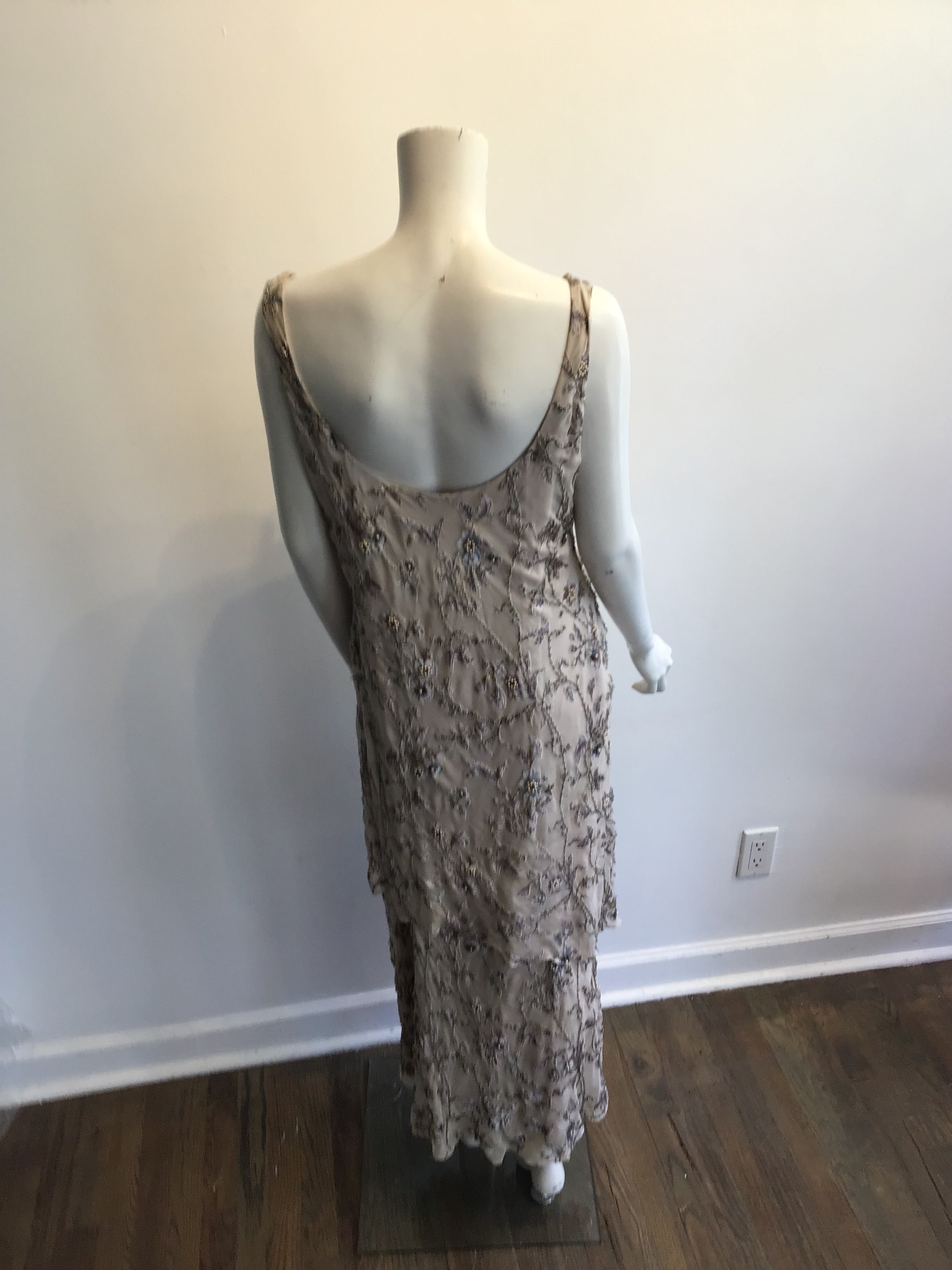 1990s Victoria Royal Taupe Silk Evening Gown Size 16