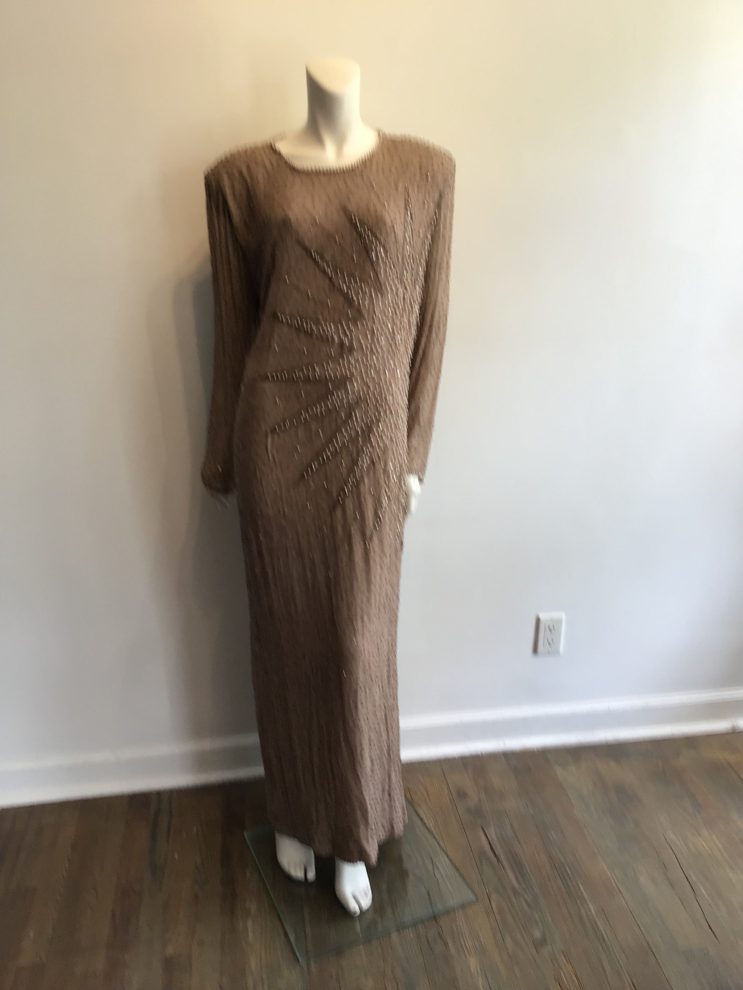 2000’s Oleg Cassini Taupe Silk Beaded Evening Dress Size 16