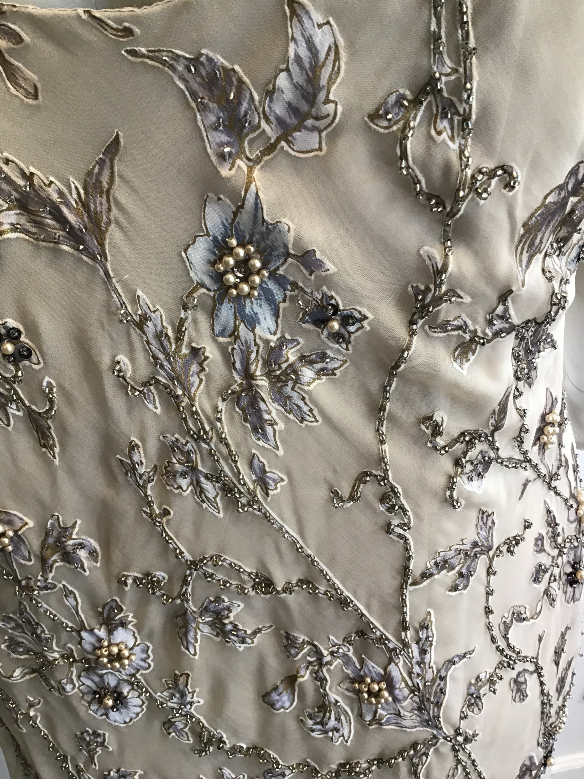 1990s Victoria Royal Taupe Silk Evening Gown Size 16