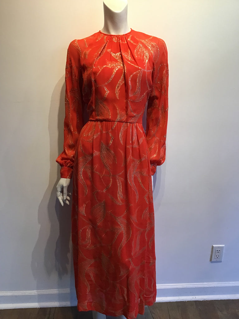1970’s Adele Simpson Orange and Gold Lamé Evening Gown Size 8