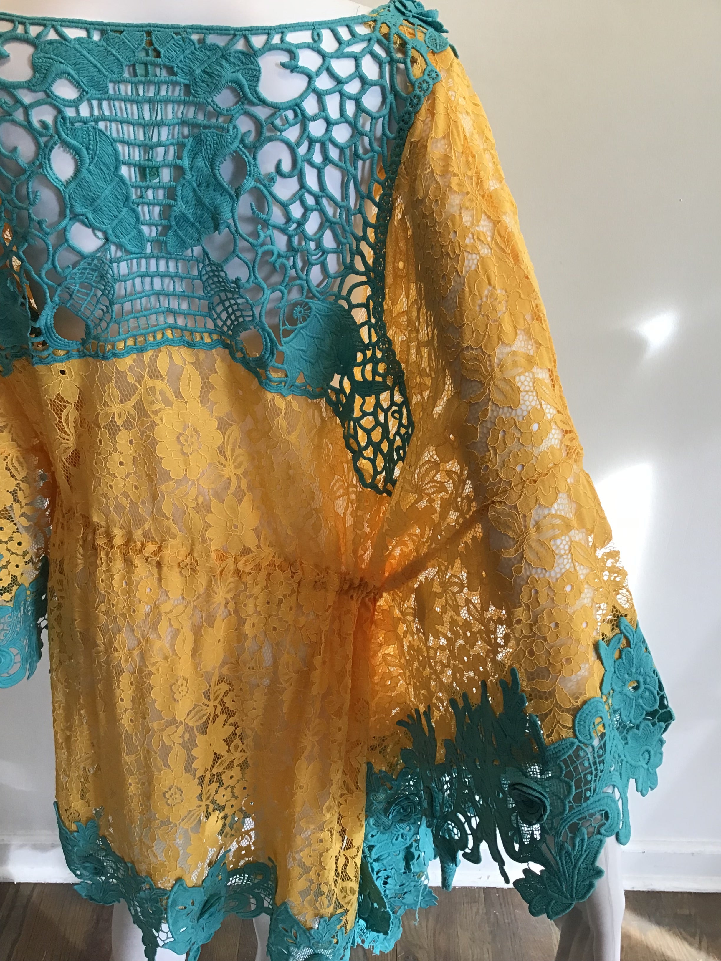2000’s Antica Santoria Turquoise and Yellow Cotton Lace Cover Up One Size