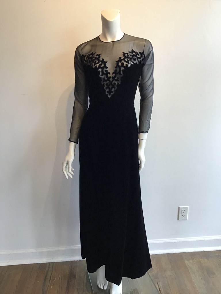 1980s Black Silk and Chiffon Oscar de La Renta Evening Gown Size 6