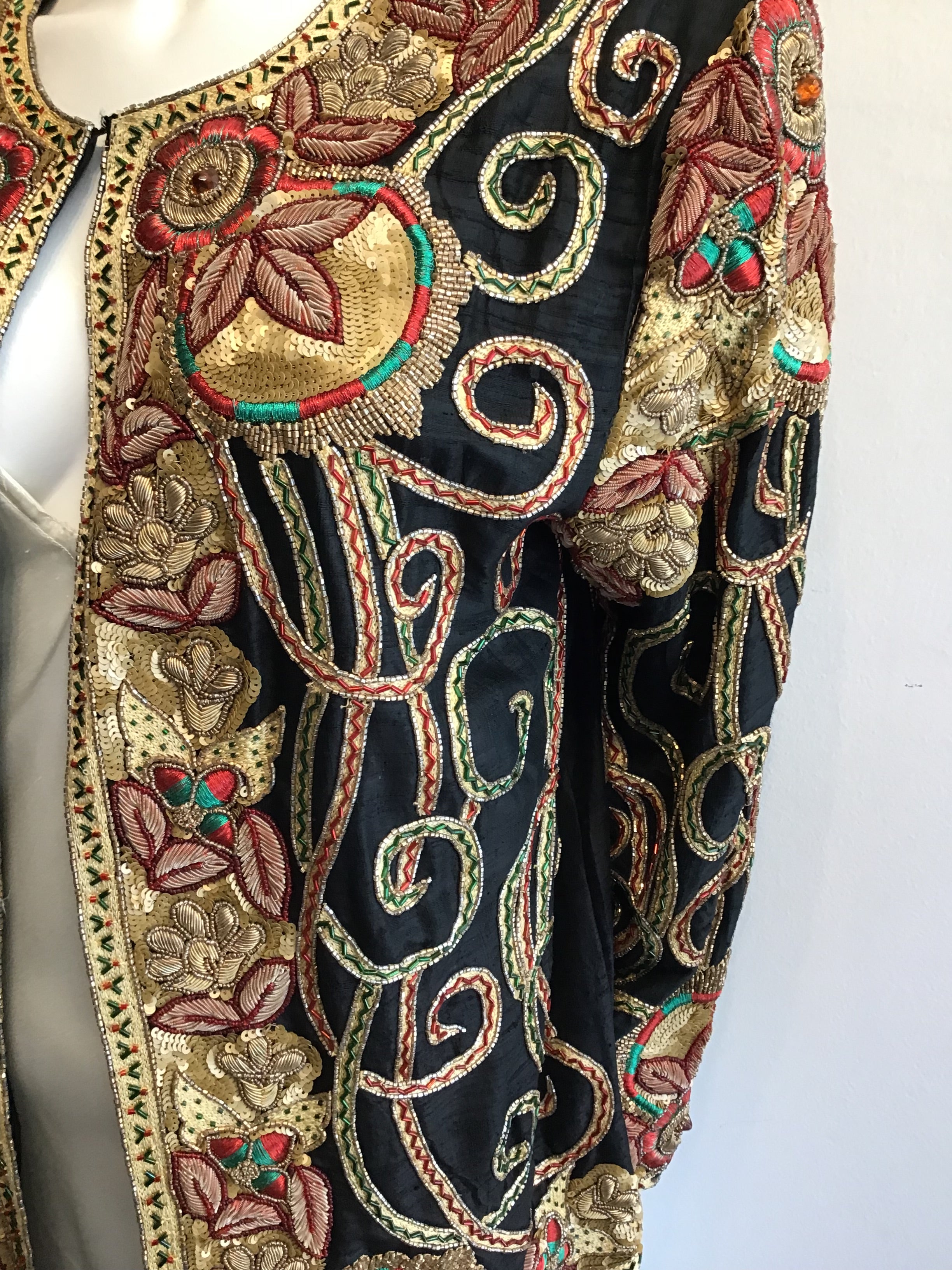 1980’s Black Silk Gold Embroidered and Sequined Evening Jacket Size 8