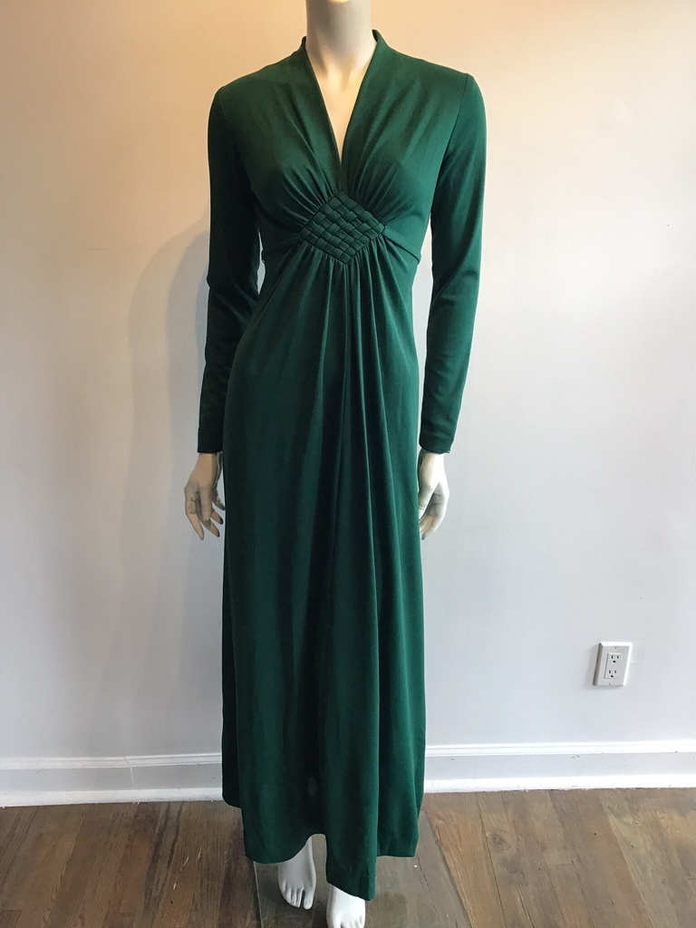 vintage 1970s forrest green polyester evening dress