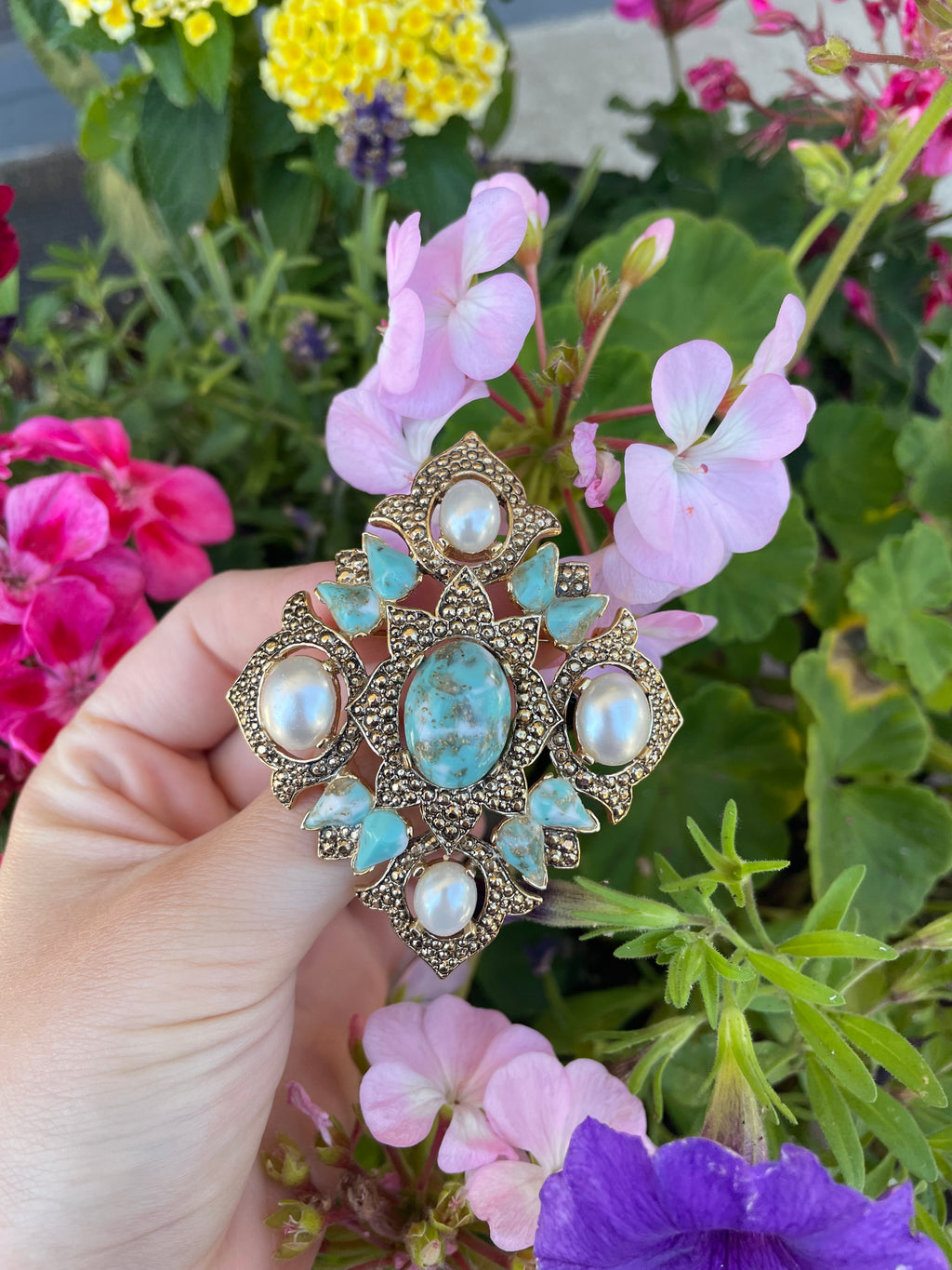 Gold Pearl and faux turquoise pin