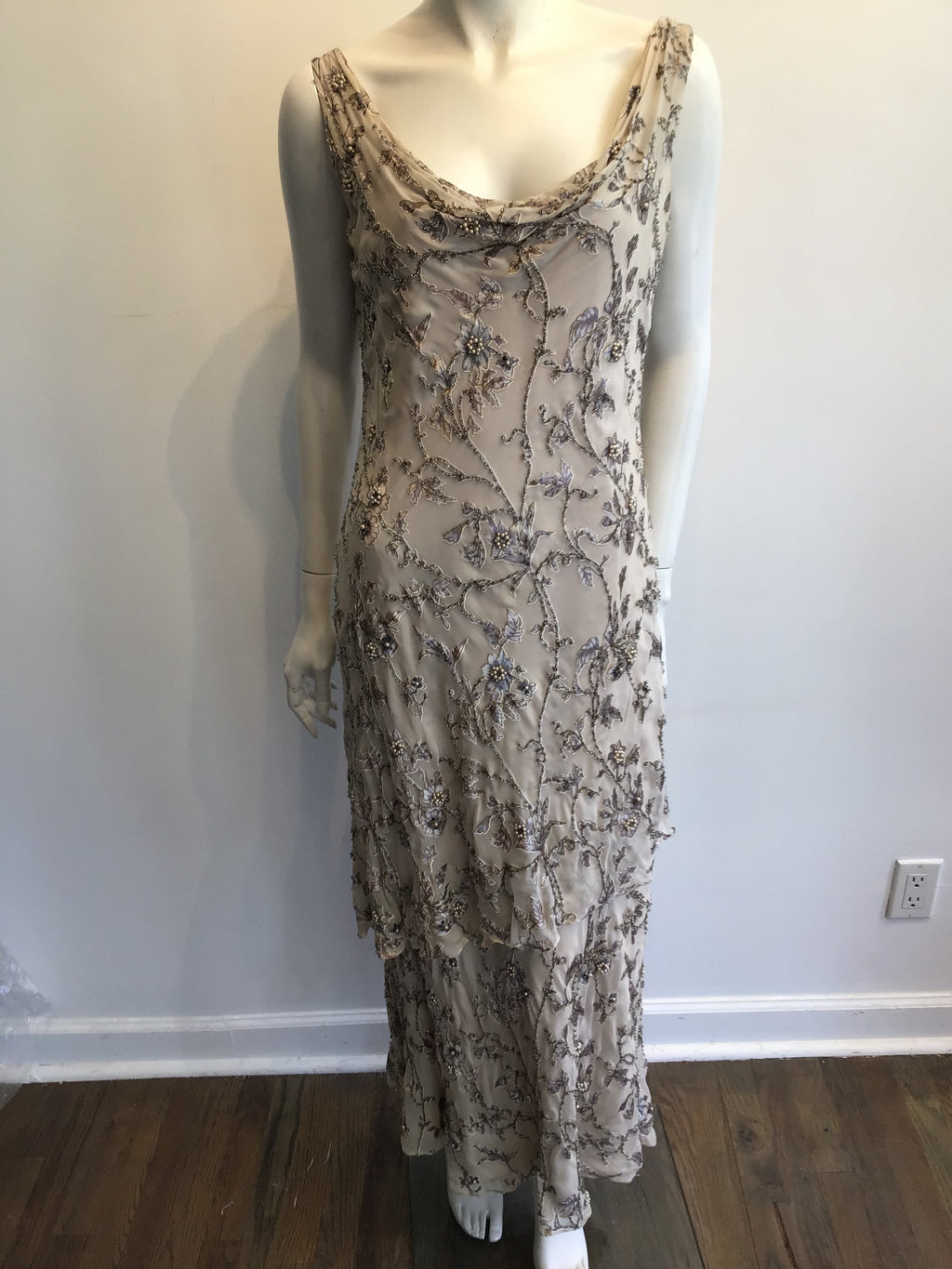 1990s Victoria Royal Taupe Silk Evening Gown Size 16