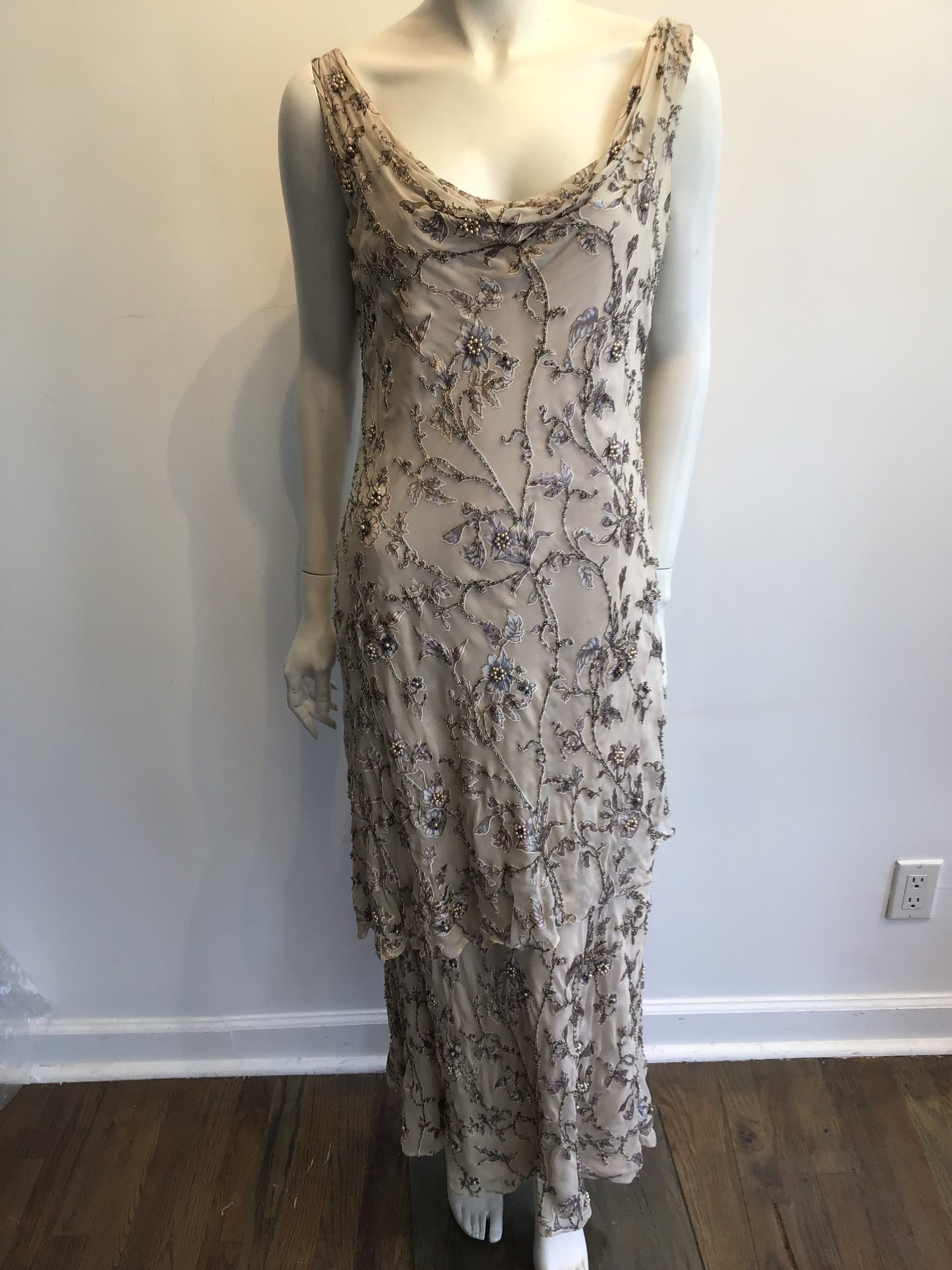 1990s Victoria Royal Taupe Silk Evening Gown Size 16
