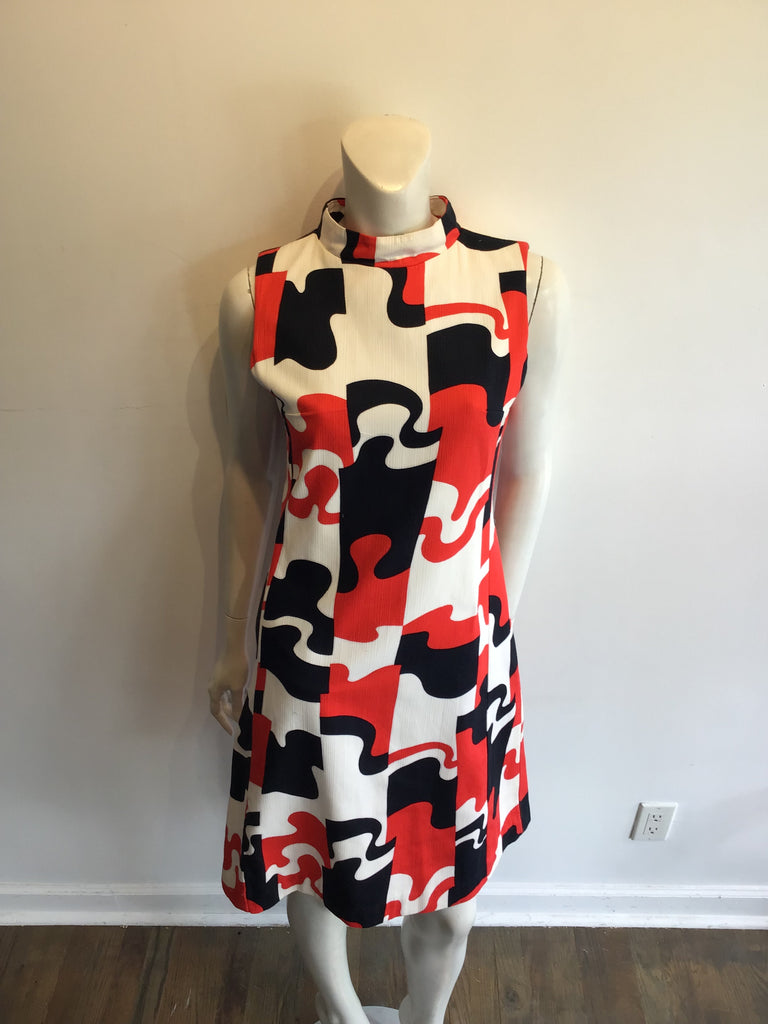 1960’s Cotton Orange,Black,White Janet Lynn Shift Dress Size 8