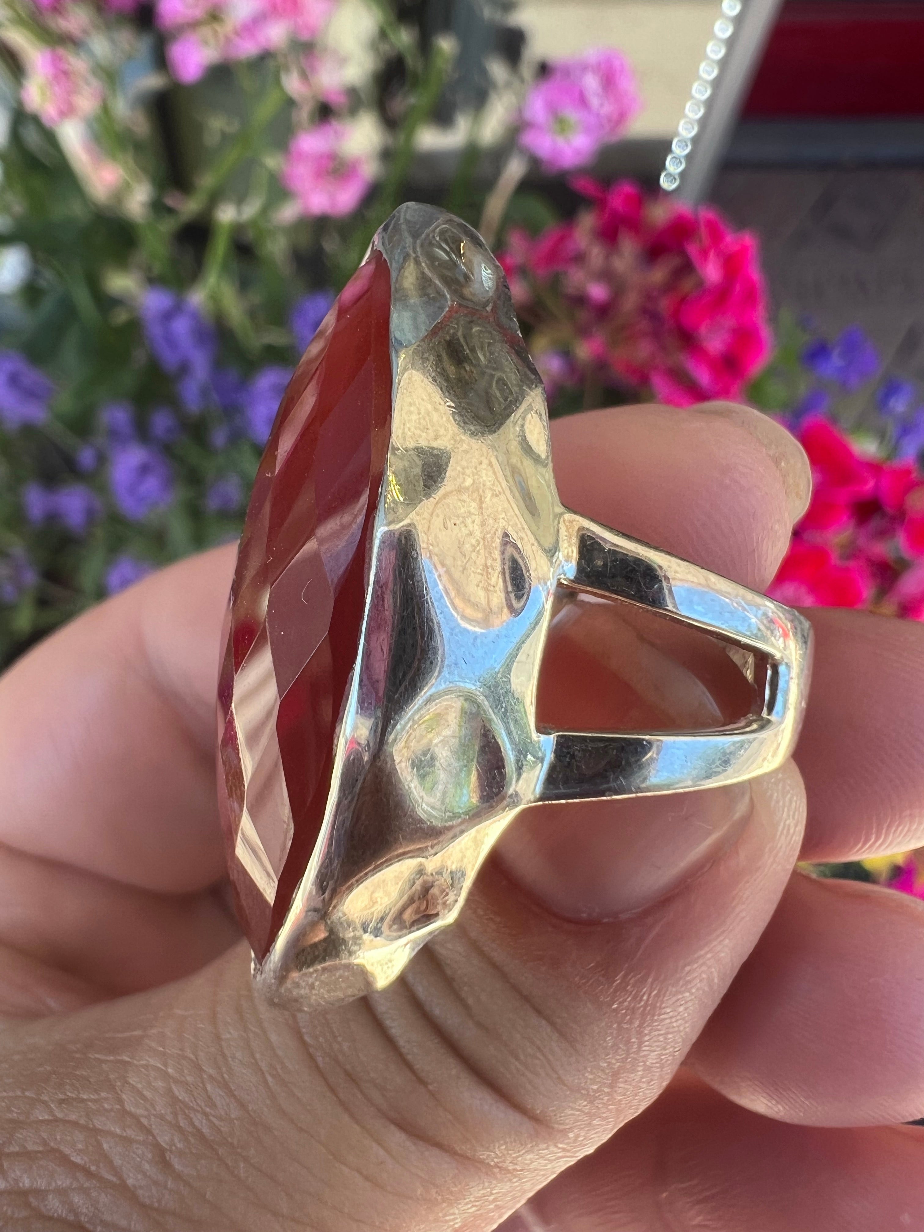 Sterling and Carnelian Faceted Marqui Ring