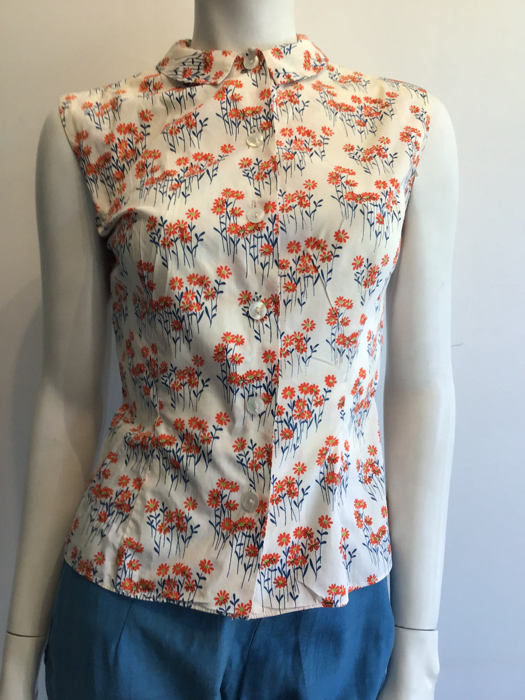 1950’s Cotton A.T. sears White/Orange Floral Printed Top Size 8