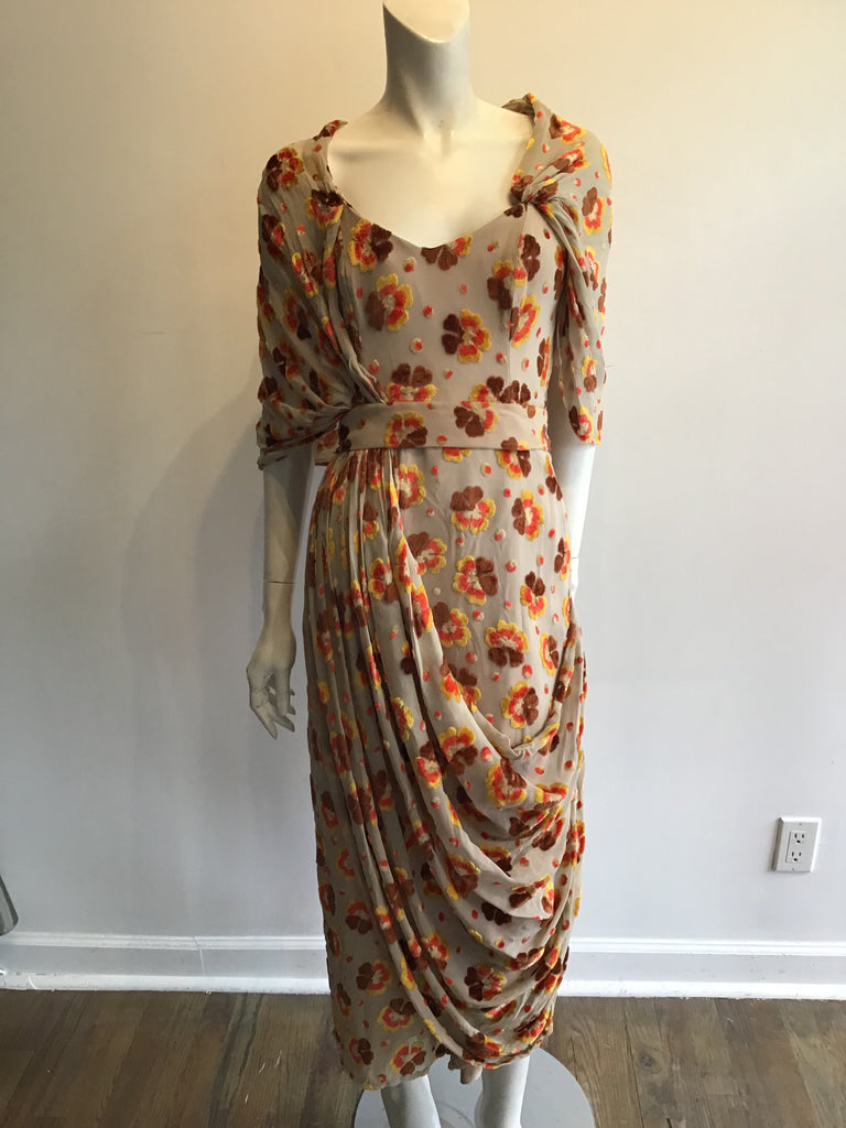 1960’s Taupe Floral Silk Flocked Velvet Strapless Dress Size 8