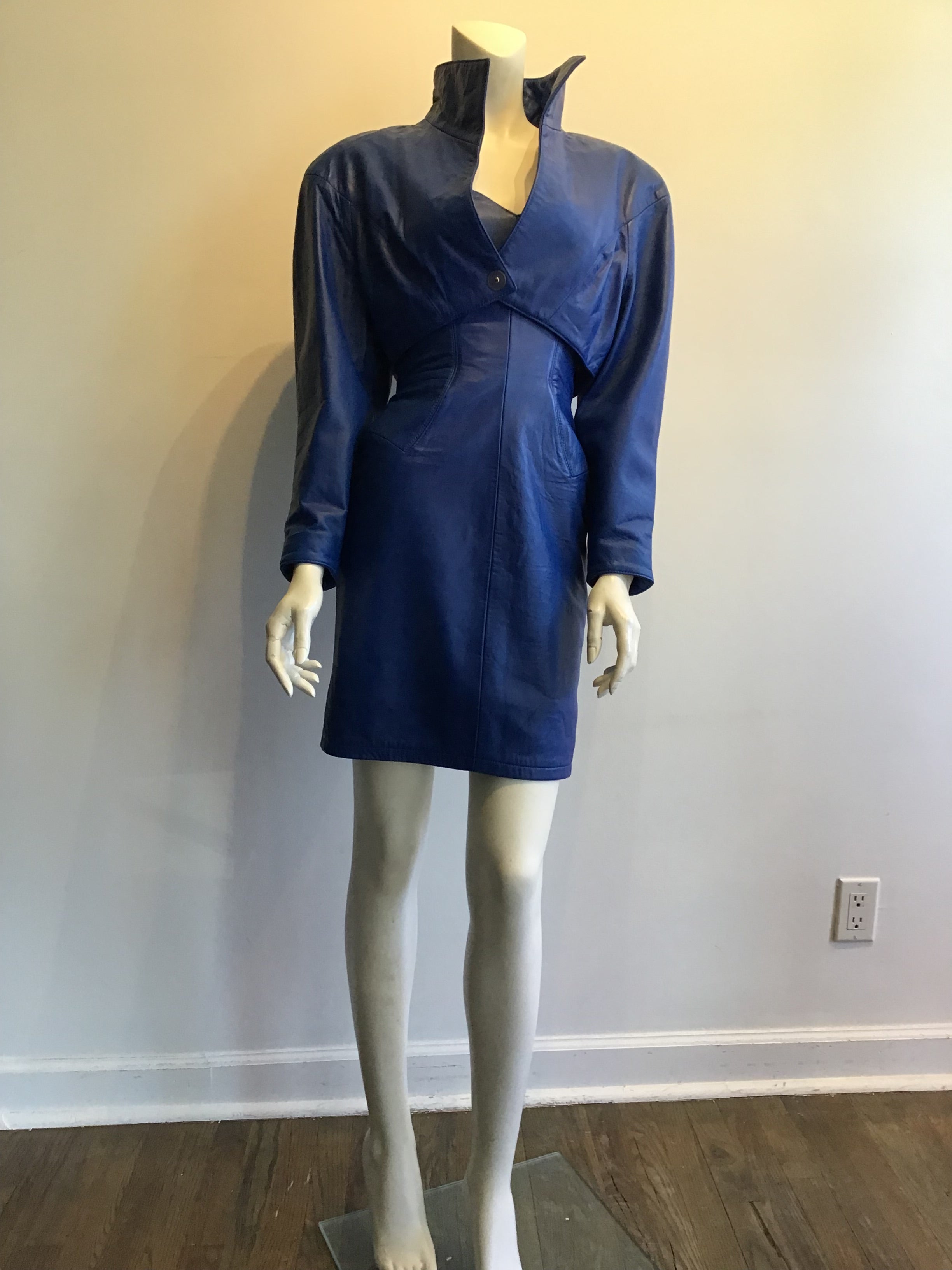 1980’s Scully Leather Blue Leather Dress with Bolero Jacket Size 4