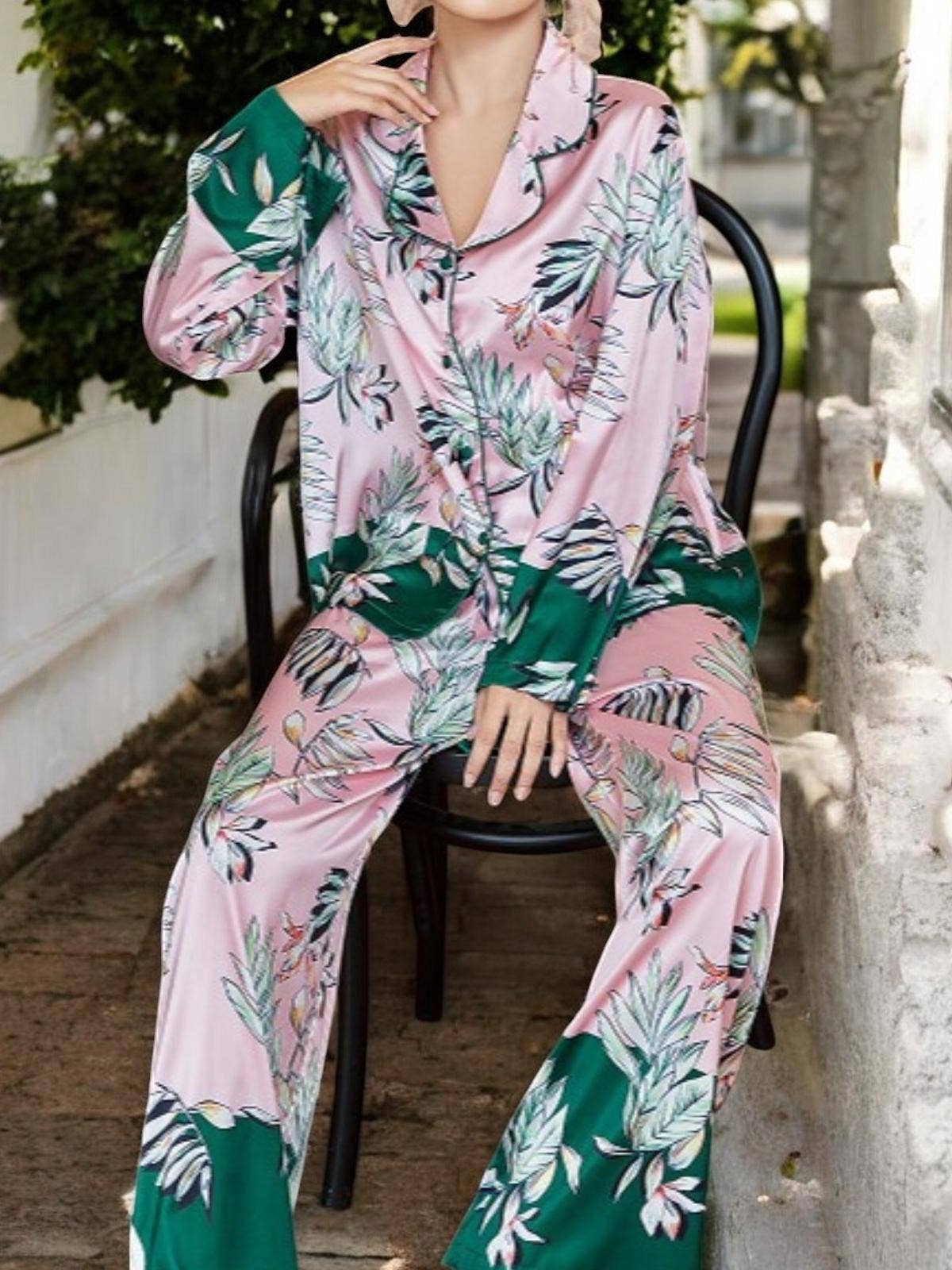 Satin Tropical Print Pajama Set