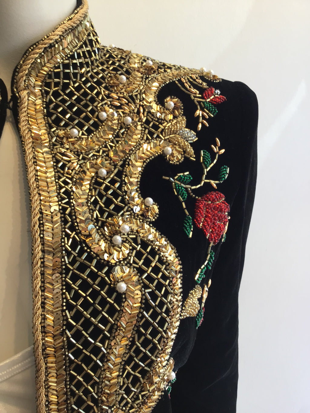1980s  S. Aton Black Beaded Rayon Velvet  Evening Jacket Size 6
