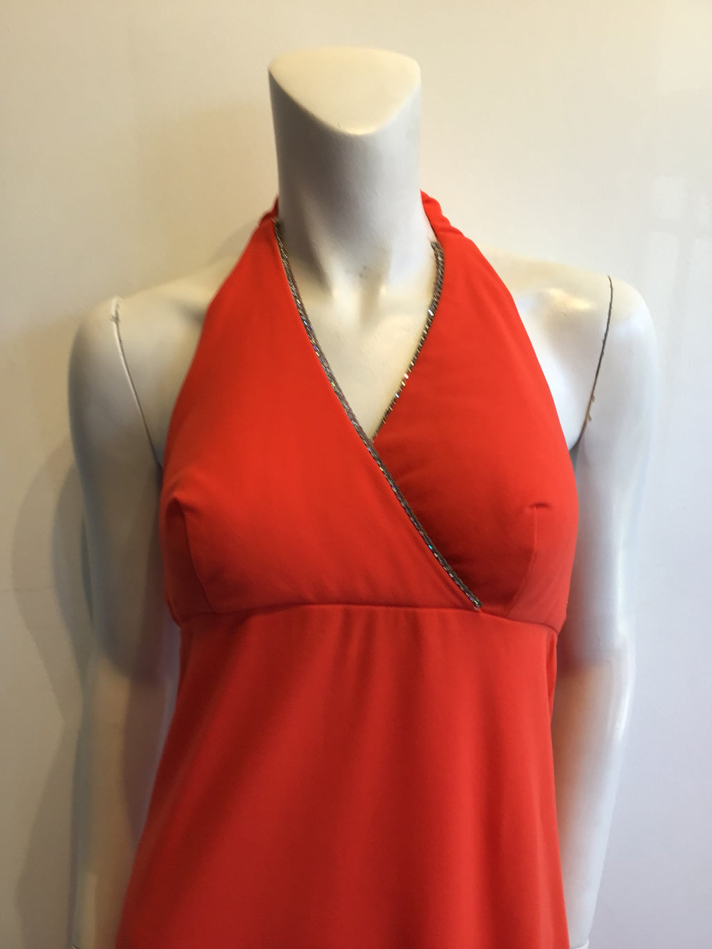 1970s  Jack Harley Polyester Halter Dress with Rhinestone trim Size 6