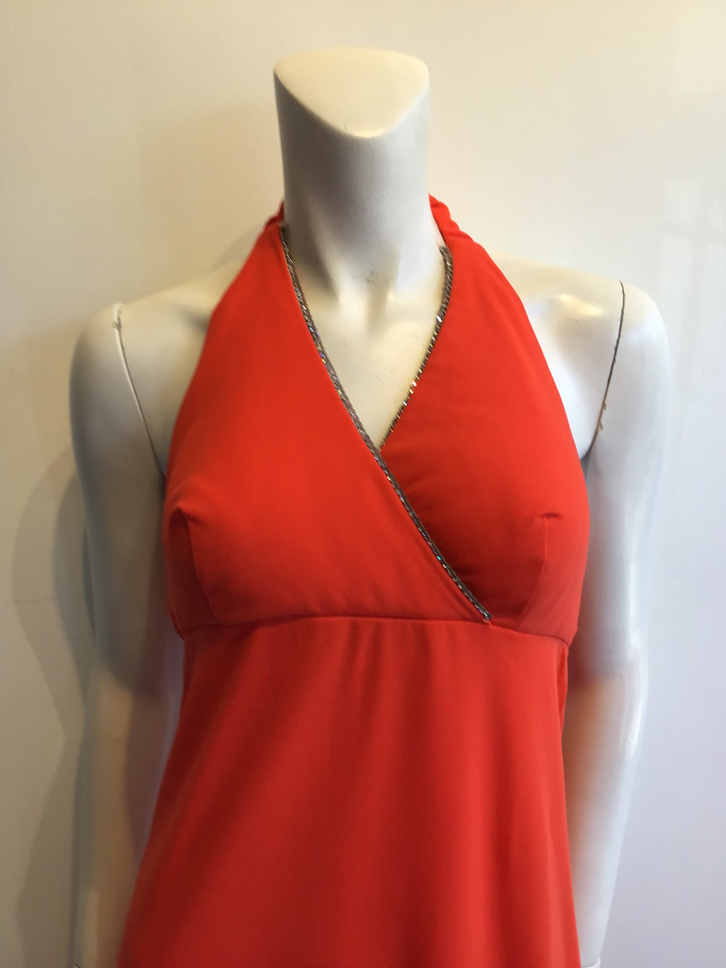 1970s  Jack Harley Polyester Halter Dress with Rhinestone trim Size 6