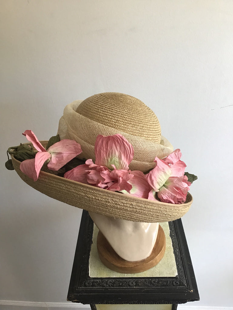 2000 Herald & Heart Hatters England Natural Straw hat with Pink Flowers Hat