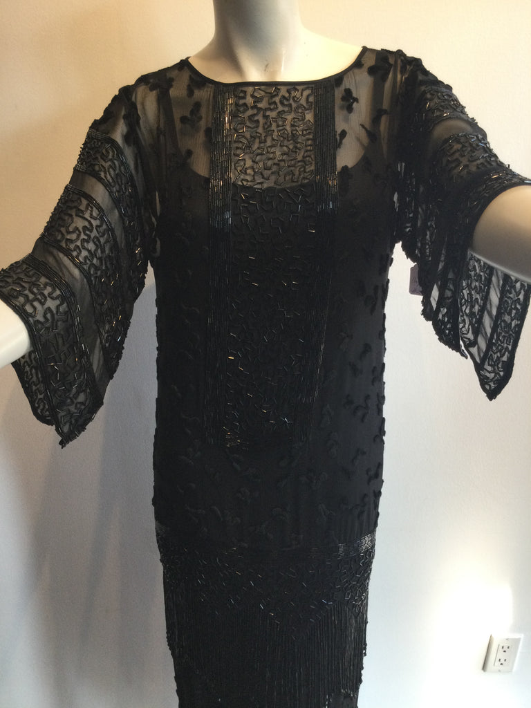 1980's Tony Chase 1920s Inspired Black Beaded Evening Dress