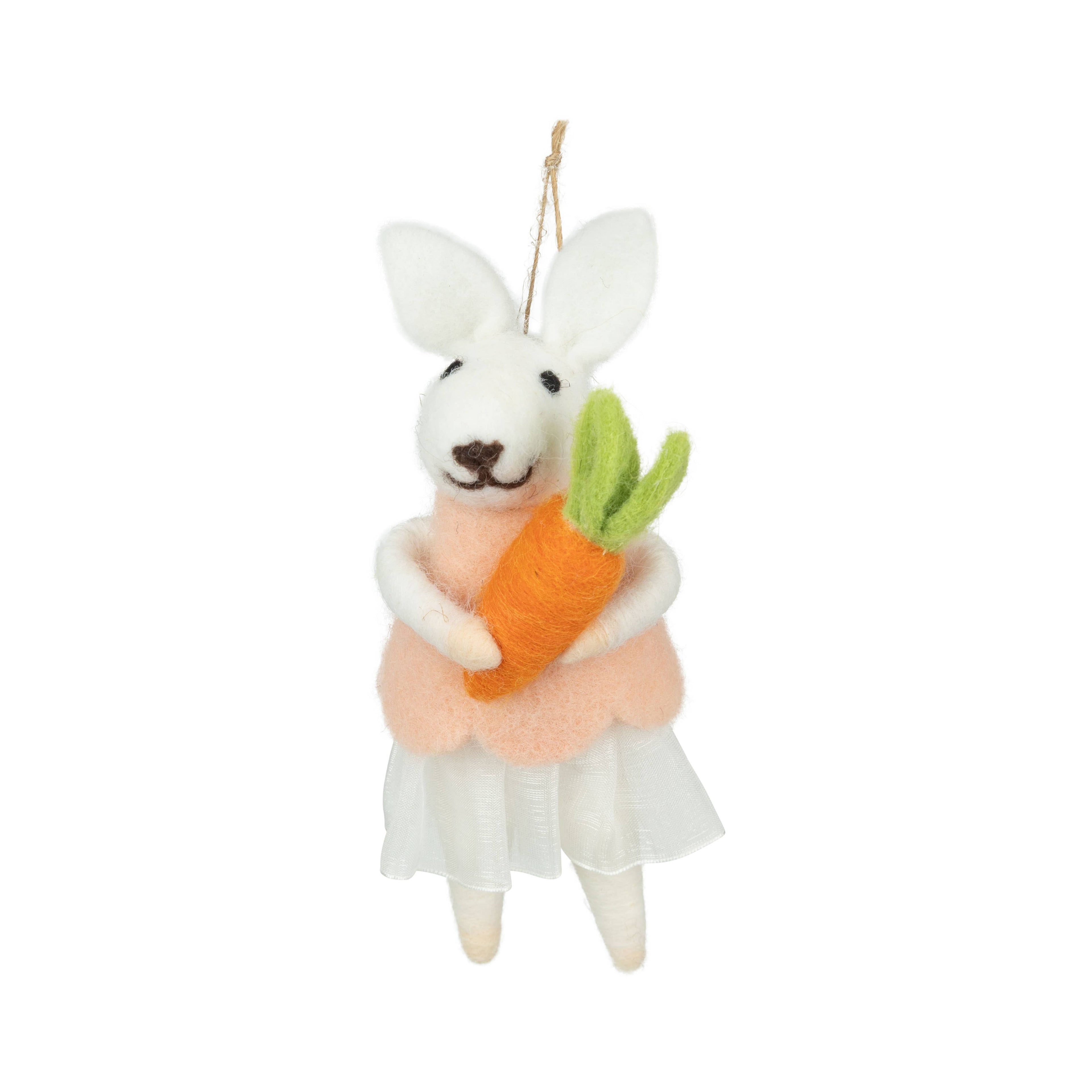 White felt girl bunny ornament  holding carrot, 6 in