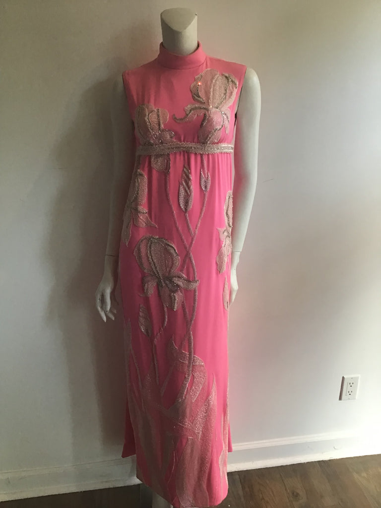 George Halley vintage 1960s vibrant pink silk evening gown with beaded irises