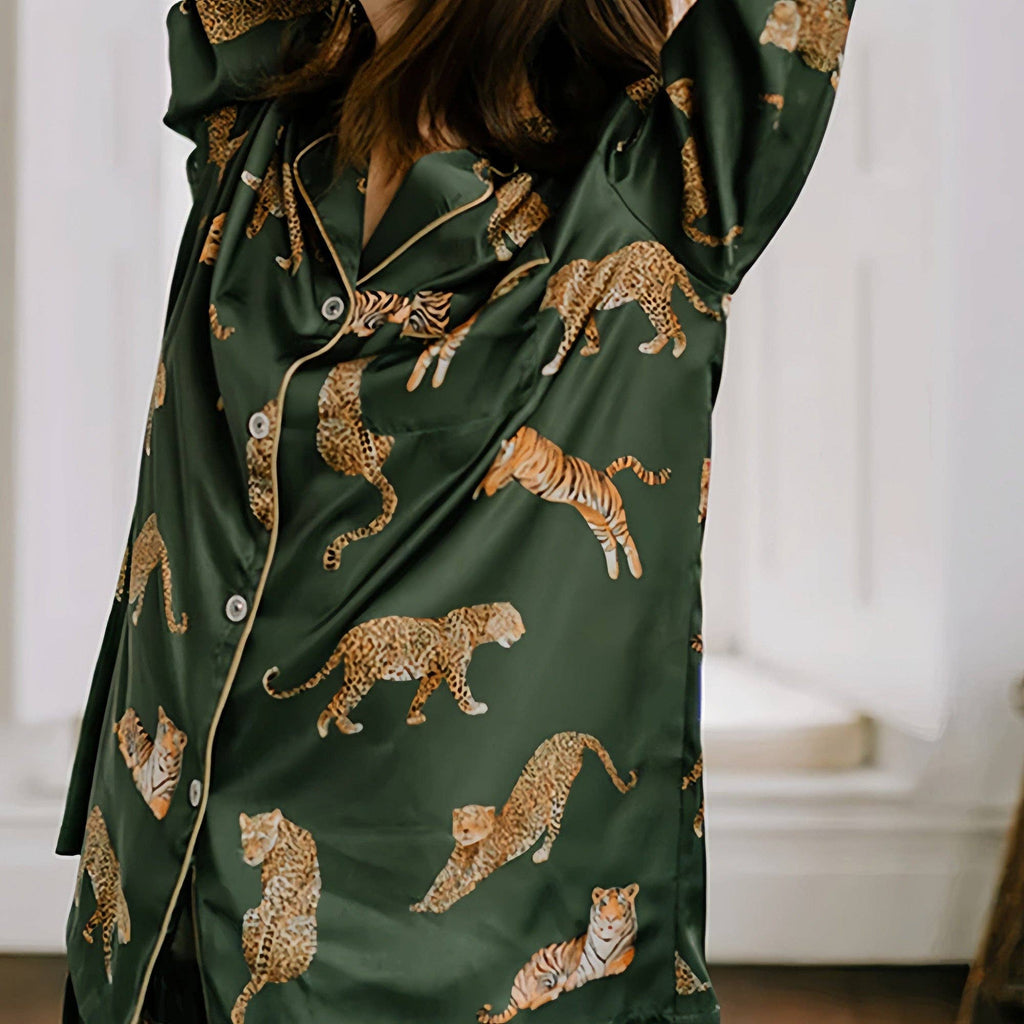 Long Sleeve Button Front Pajama Set with Tiger Print and Sat