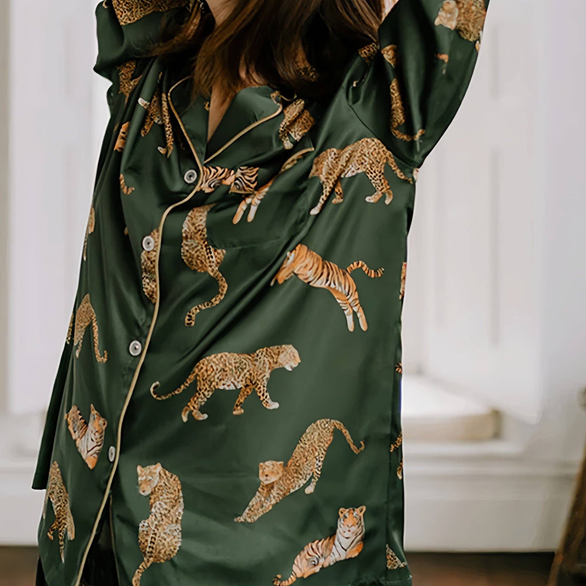 Long Sleeve Button Front Pajama Set with Tiger Print and Sat