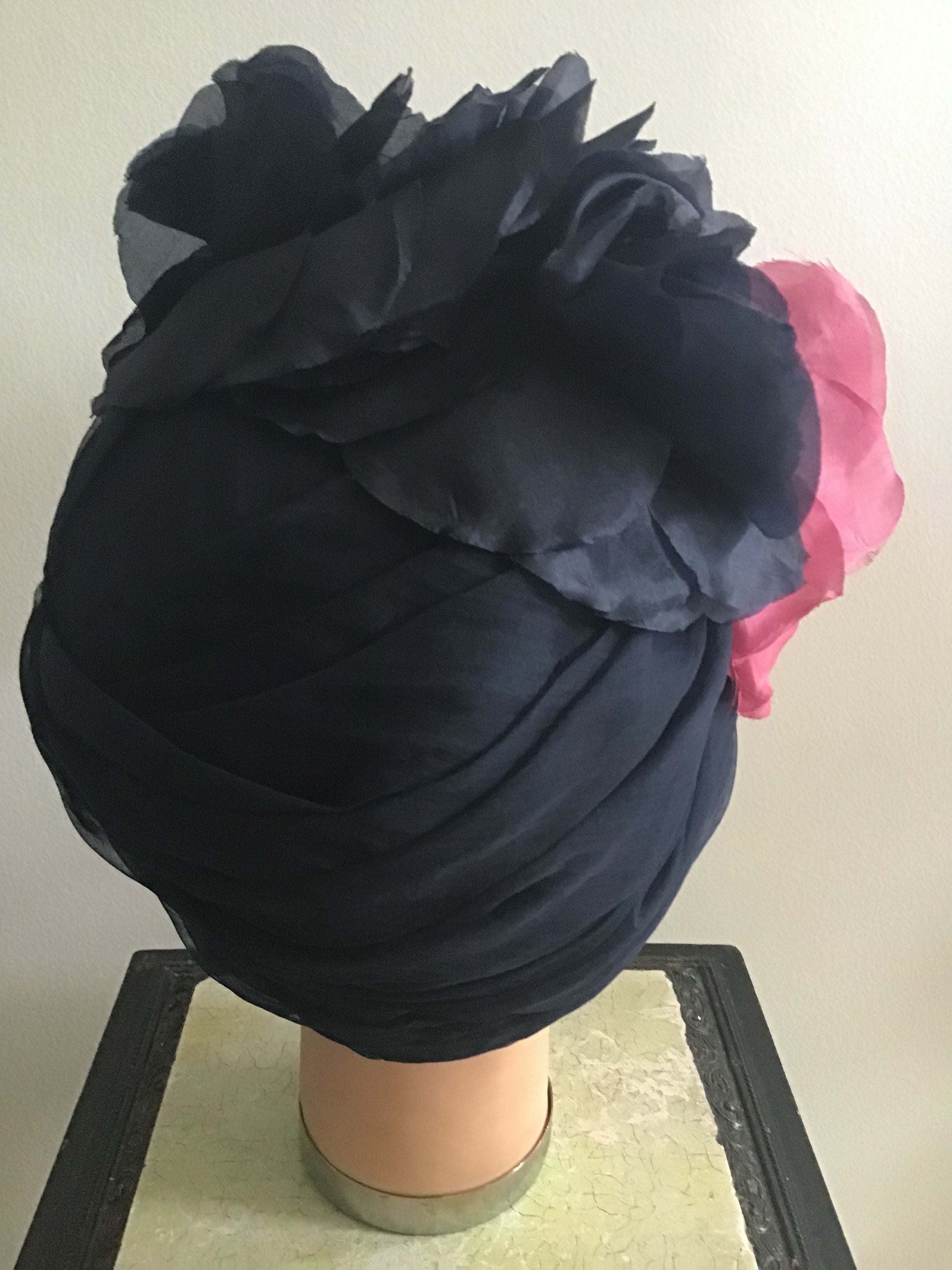 1960s Christian Dior New York ,Turban with Raspberry/blk  silk Flowers