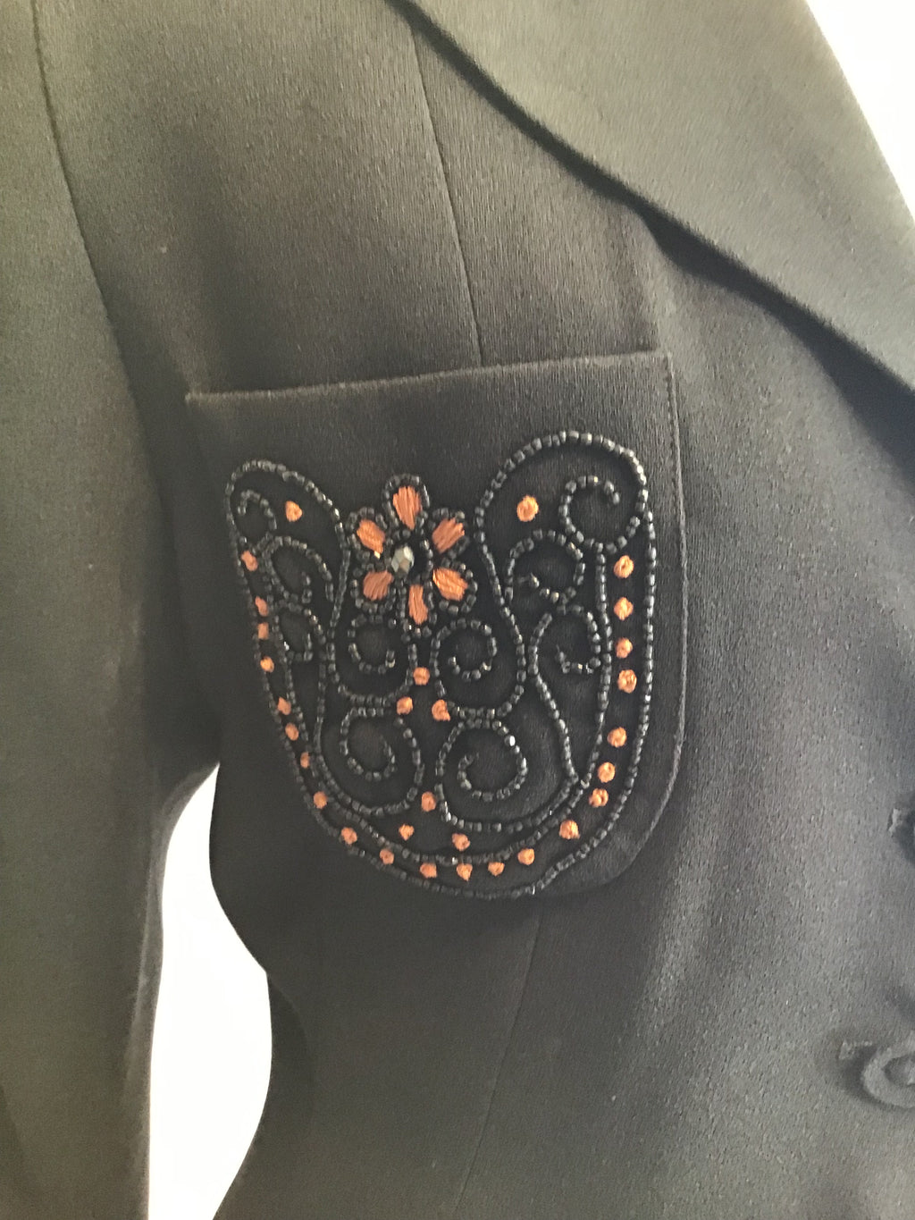 1980’s Black Rayon Beaded Pockets Zelda Jacket Size 6