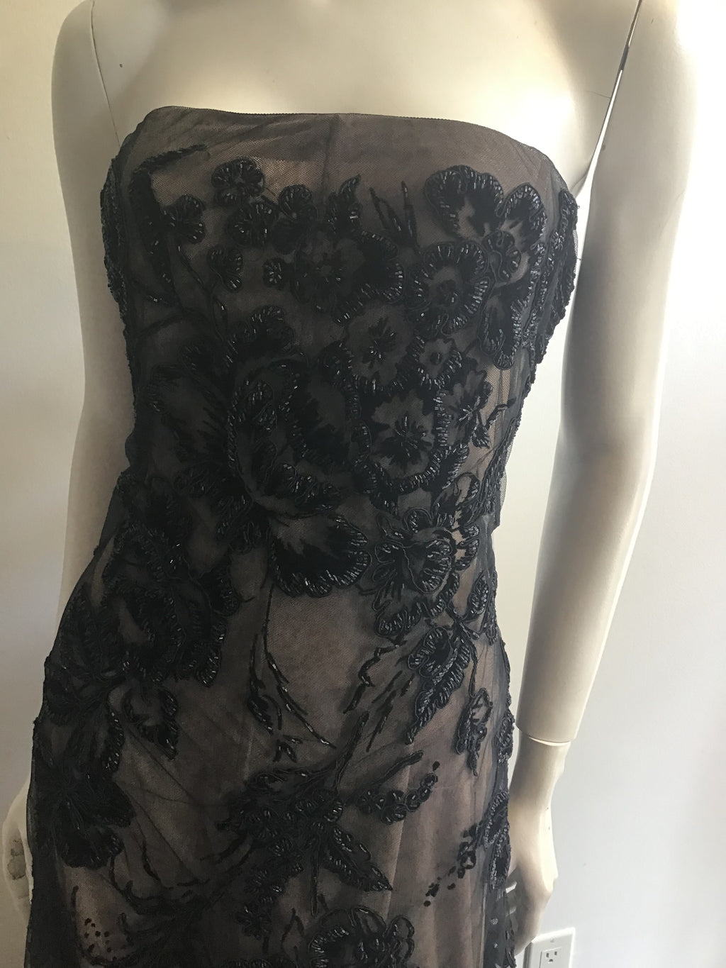 1990s Bagley Mischka Black/beige  Beaded Evening Gown with Train-10/12