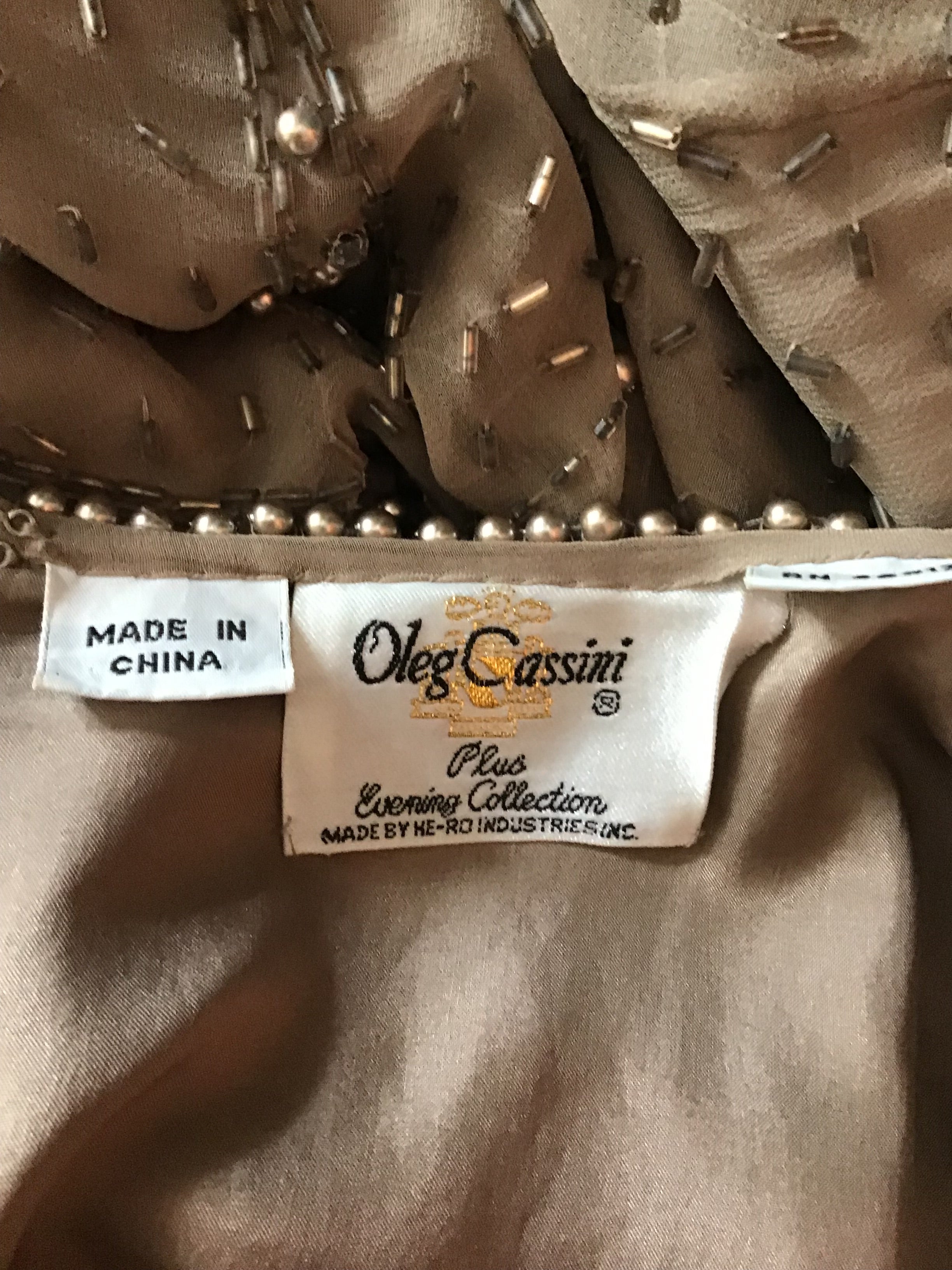 2000’s Oleg Cassini Taupe Silk Beaded Evening Dress Size 16