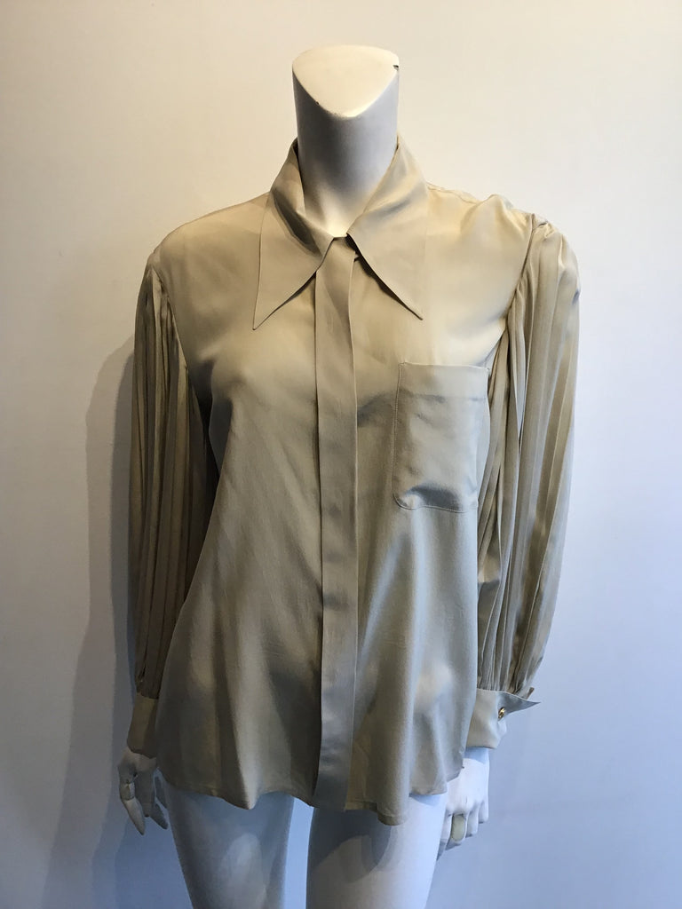 Late 1980s Valentino Taupe Silk Blouse with Pleated Sleeves Size 8