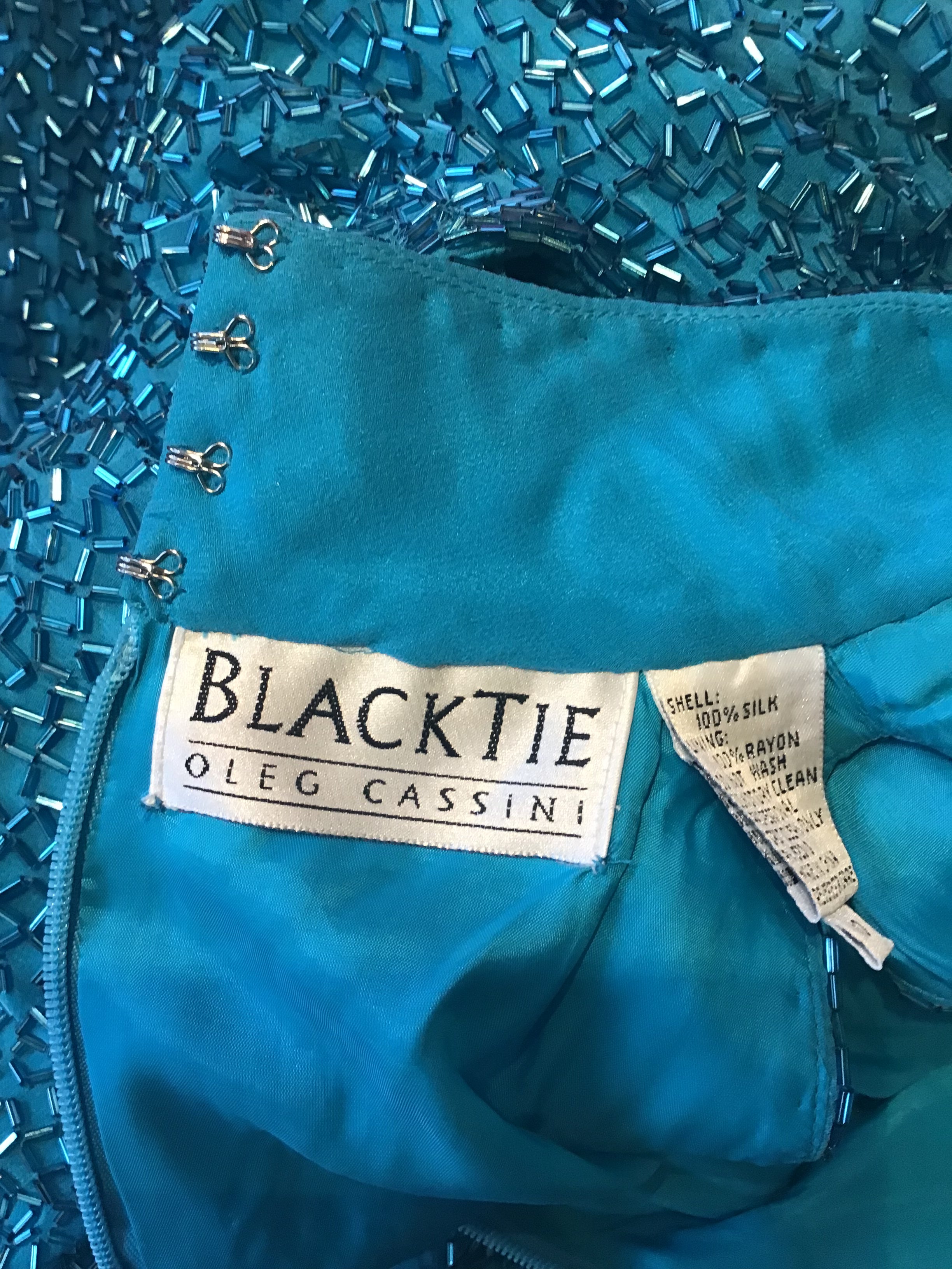 1980s Black Tie by Oleg Cassini Silk Turquoise Entirely Beaded Dress s –  Sophia's Gallery