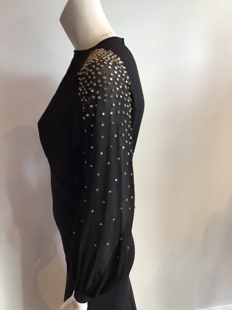 1930’s Black Crepe with Rhinestone Sleeves Evening Gown Size 4
